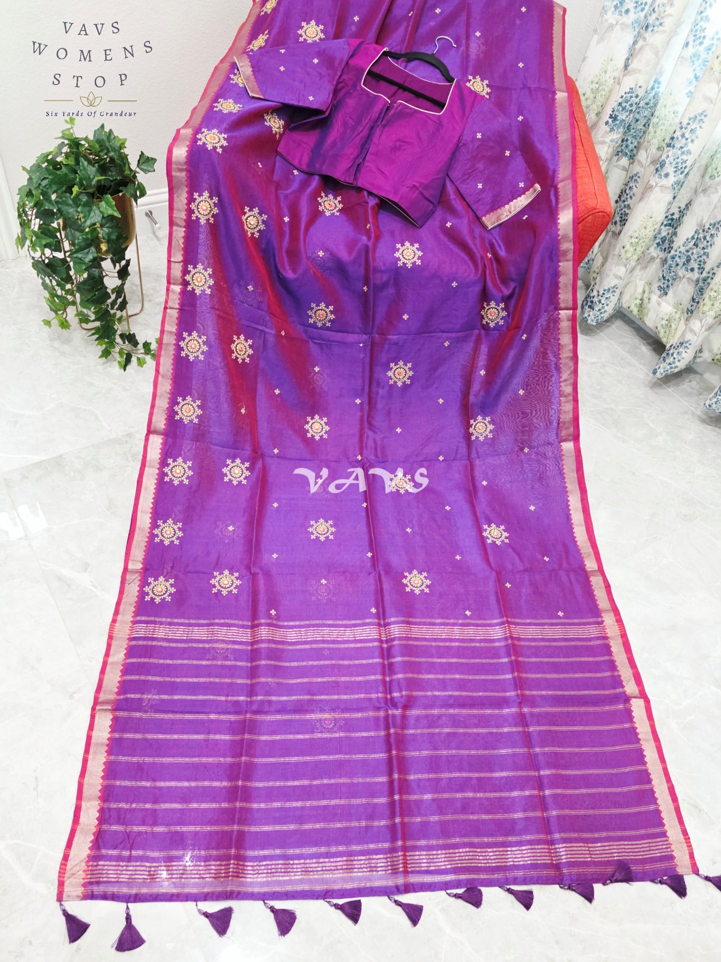 Royal Amethyst Purple Kutch Embroidery Mangalagiri Silk Cotton Handloom Saree with Stitched Blouse Size 40-46