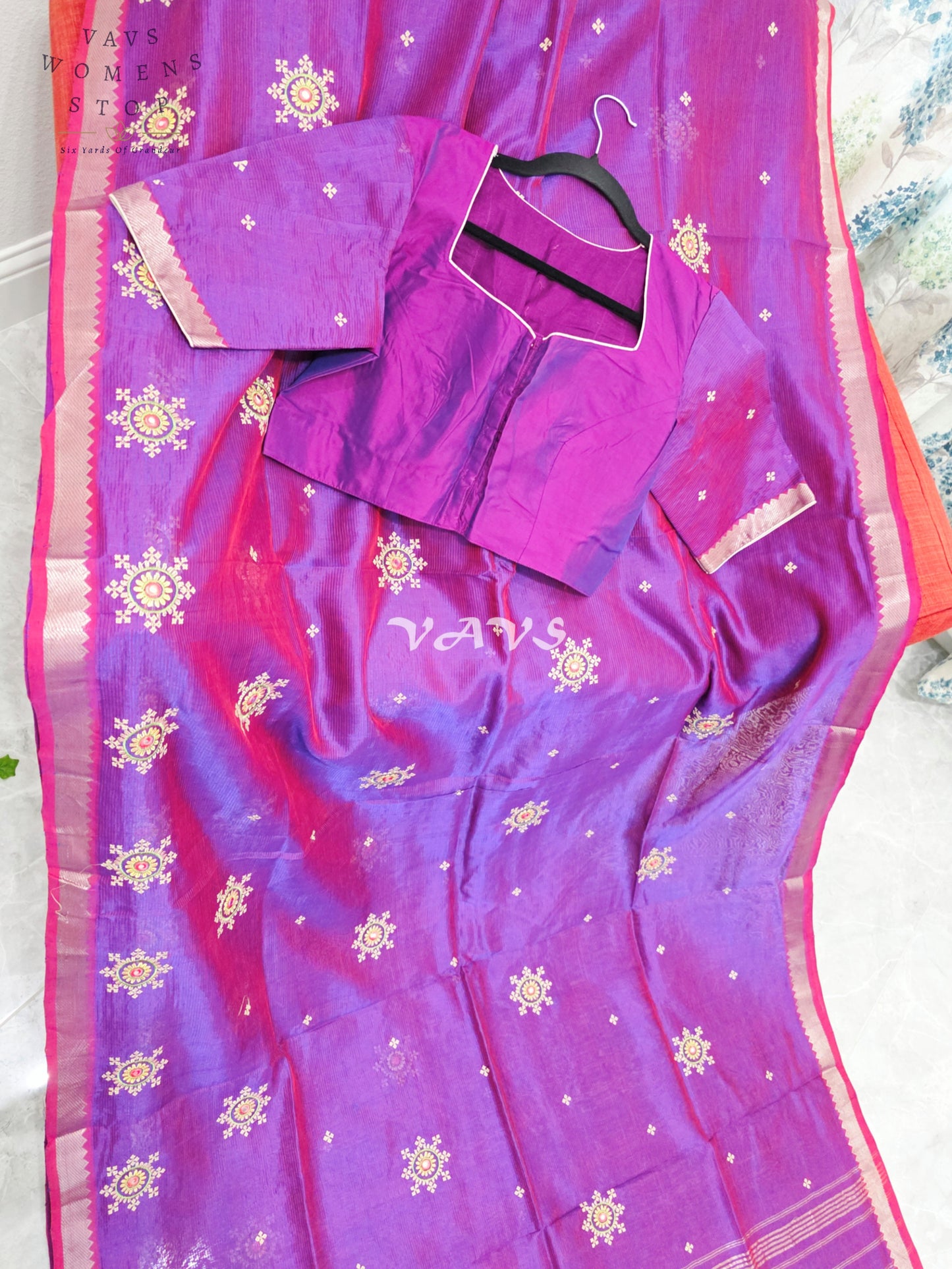 Royal Amethyst Purple Kutch Embroidery Mangalagiri Silk Cotton Handloom Saree with Stitched Blouse Size 40-46