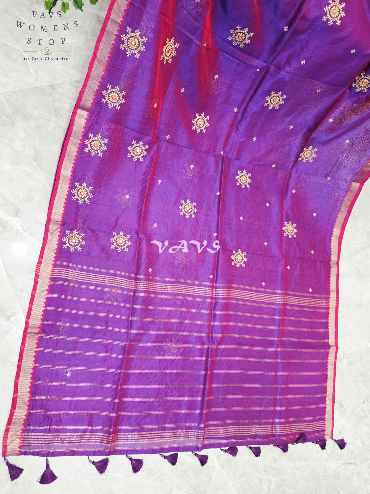 Royal Amethyst Purple Kutch Embroidery Mangalagiri Silk Cotton Handloom Saree with Stitched Blouse Size 40-46