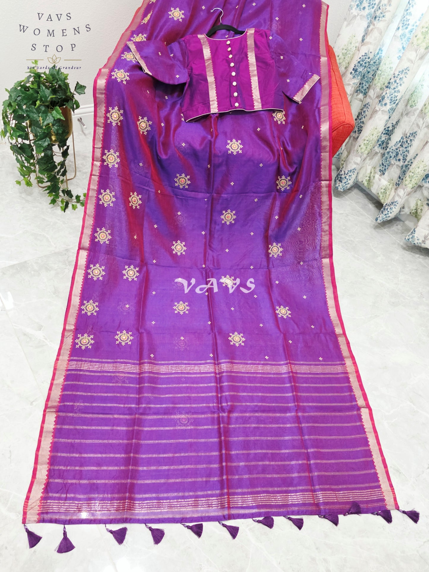 Royal Amethyst Purple Kutch Embroidery Mangalagiri Silk Cotton Handloom Saree with Stitched Blouse Size 40-46