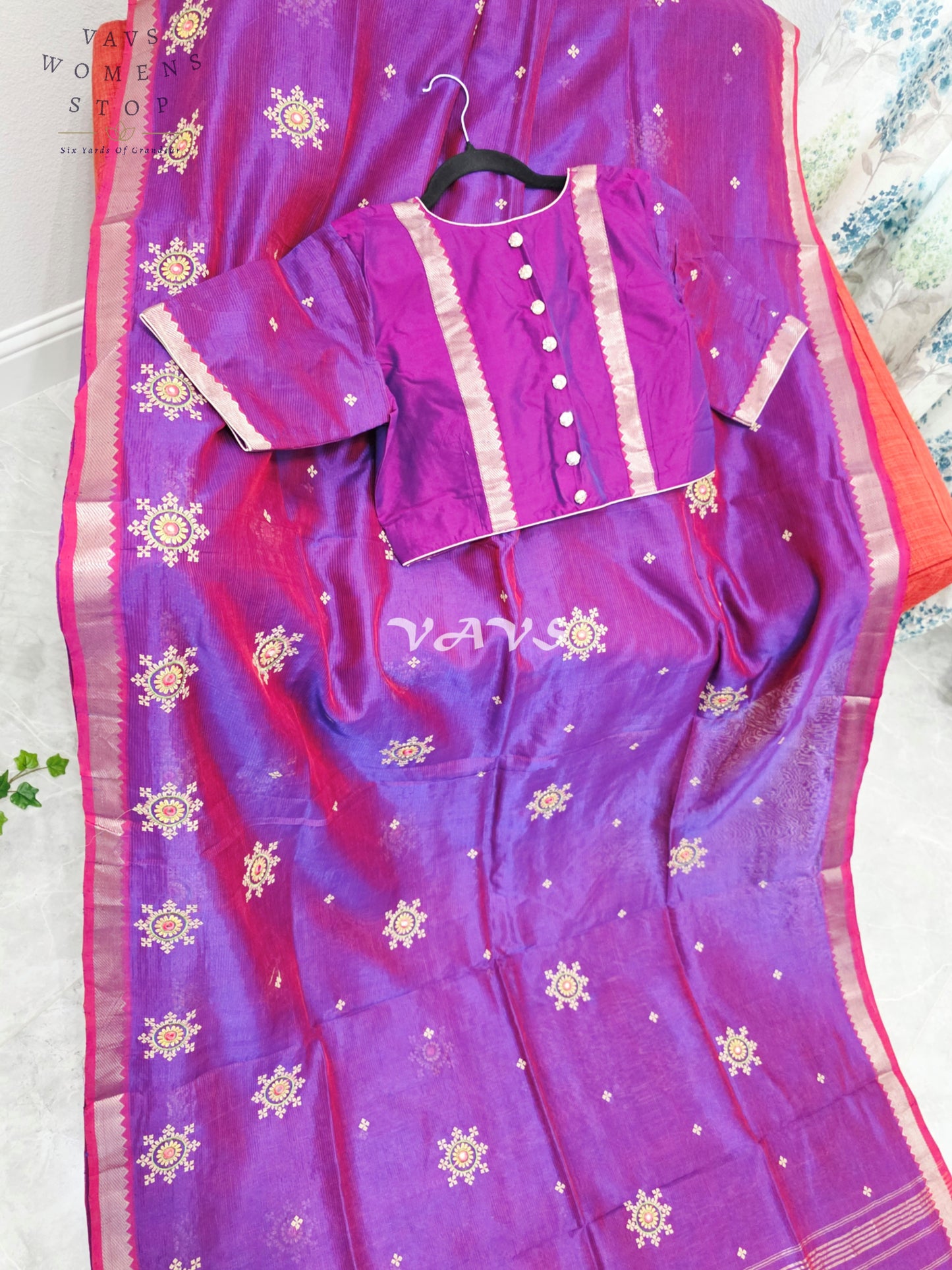 Royal Amethyst Purple Kutch Embroidery Mangalagiri Silk Cotton Handloom Saree with Stitched Blouse Size 40-46