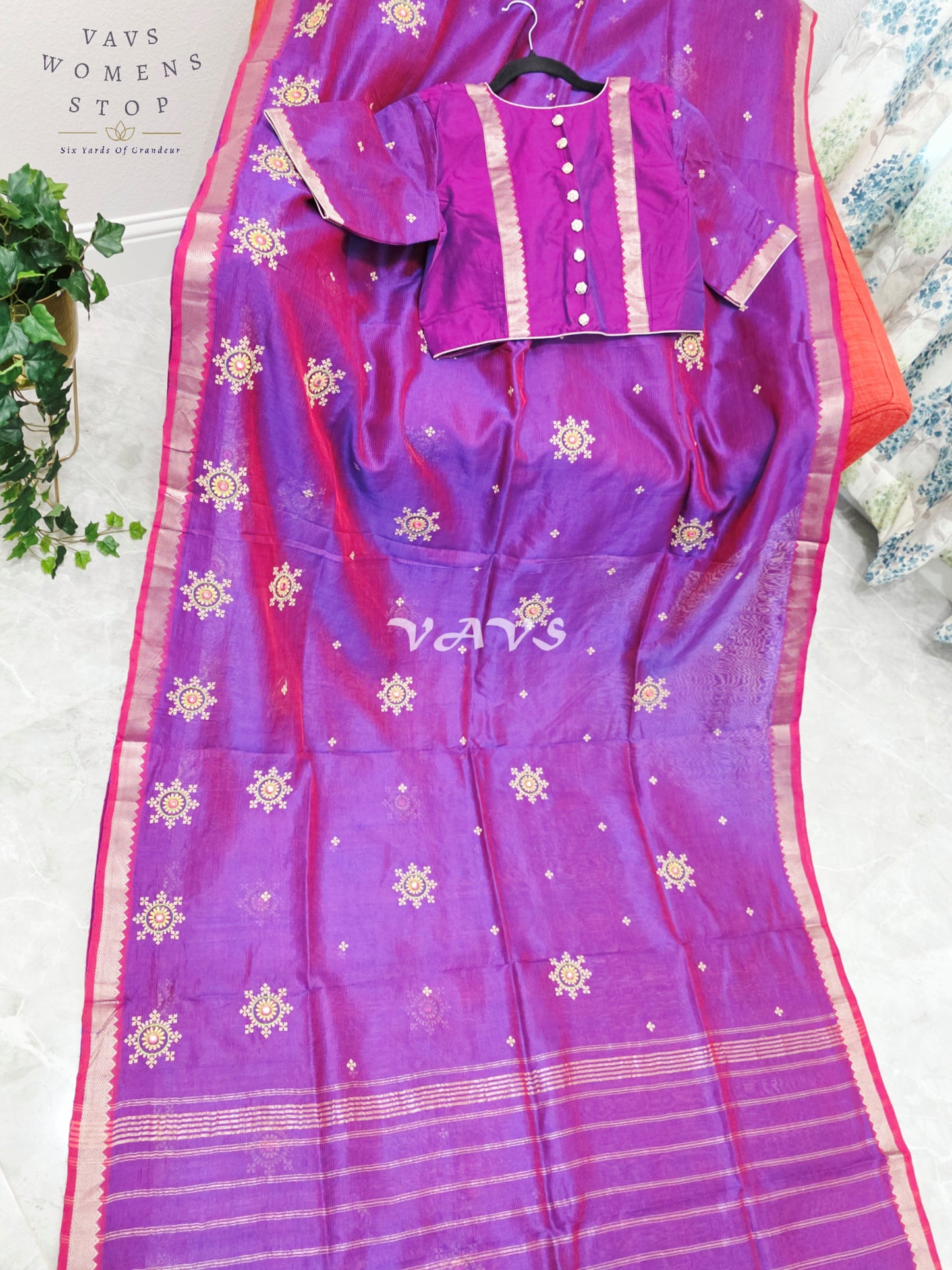 Royal Amethyst Purple Kutch Embroidery Mangalagiri Silk Cotton Handloom Saree with Stitched Blouse Size 40-46