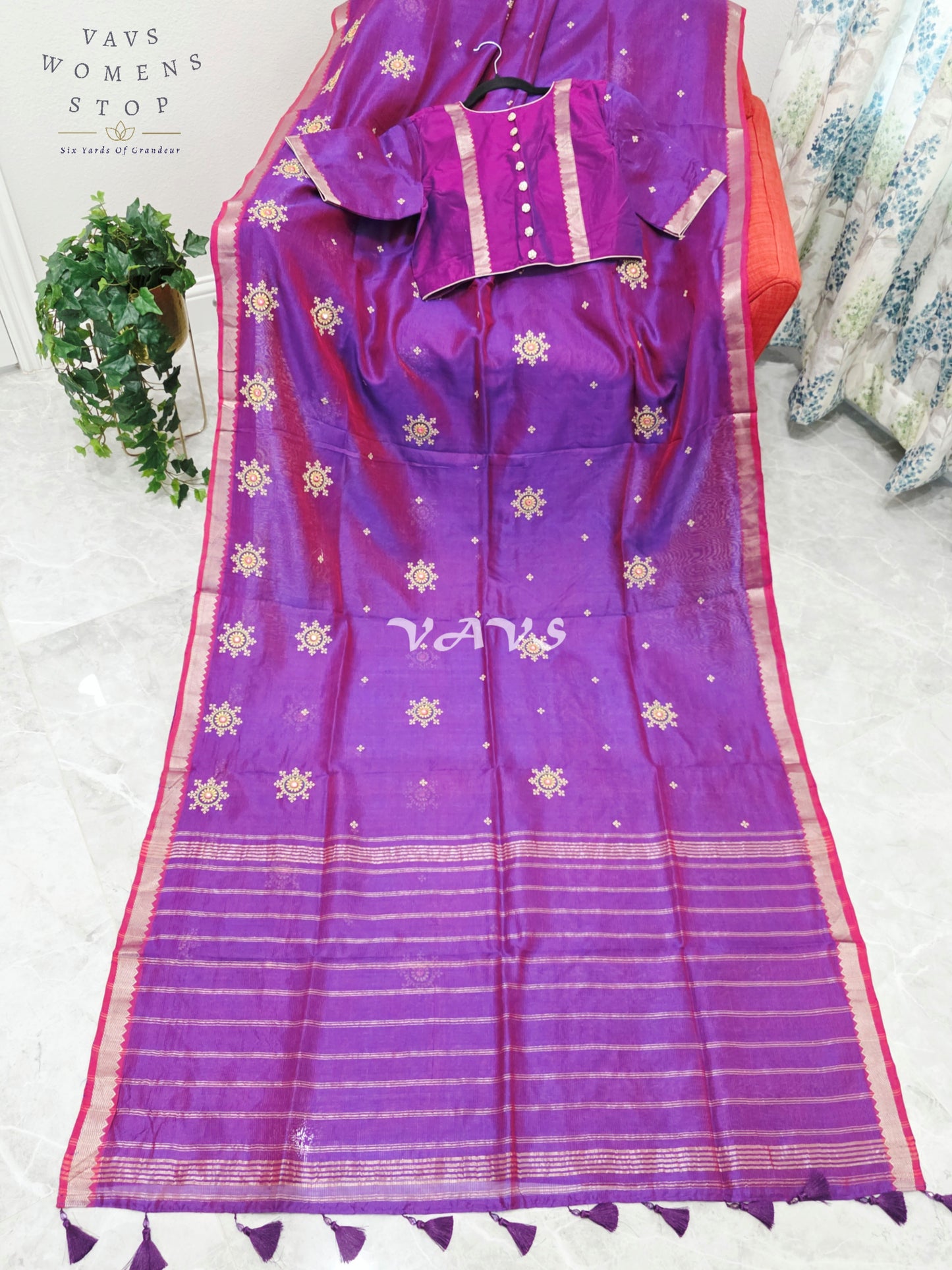 Royal Amethyst Purple Kutch Embroidery Mangalagiri Silk Cotton Handloom Saree with Stitched Blouse Size 40-46