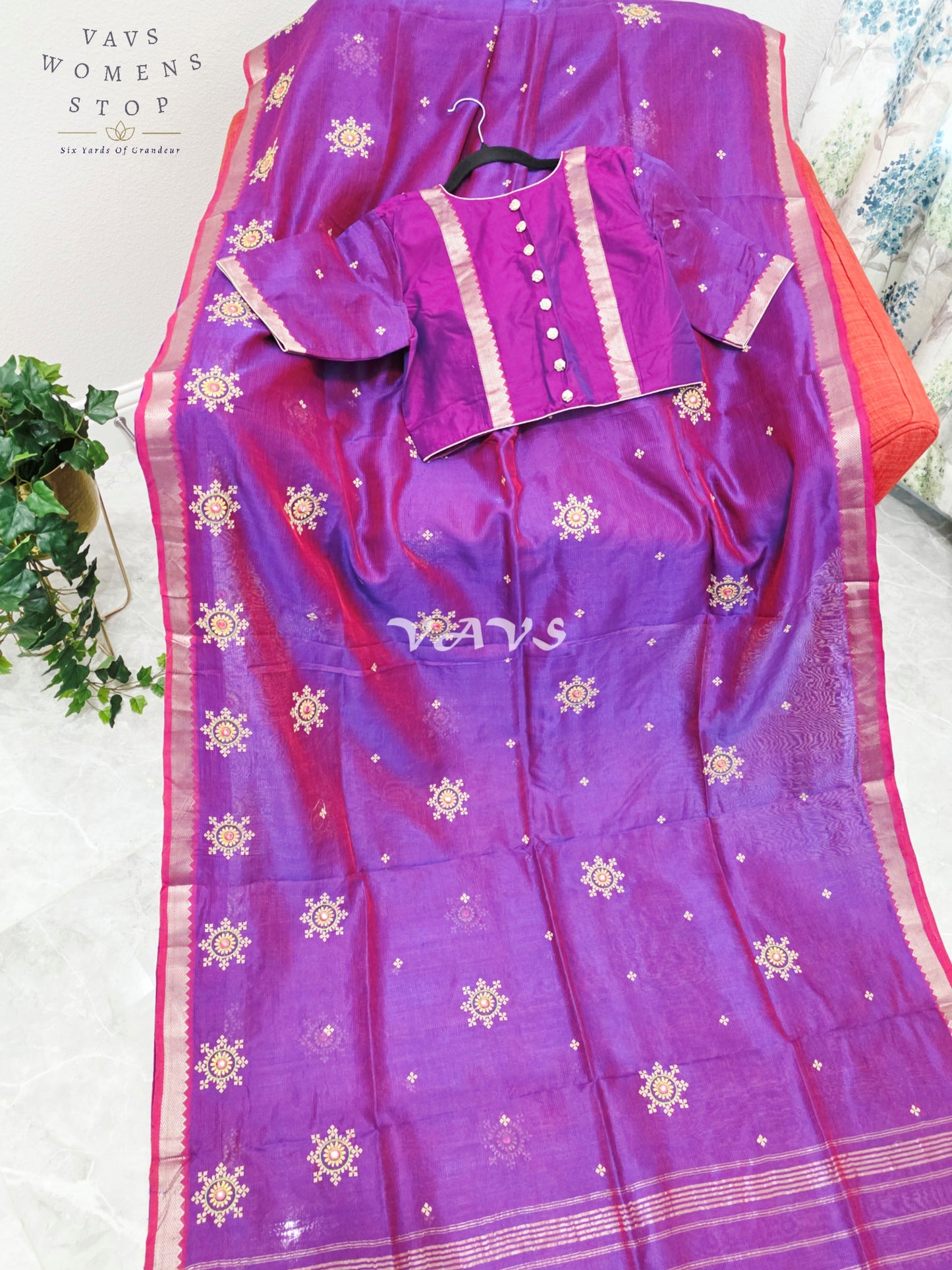 Royal Amethyst Purple Kutch Embroidery Mangalagiri Silk Cotton Handloom Saree with Stitched Blouse Size 40-46