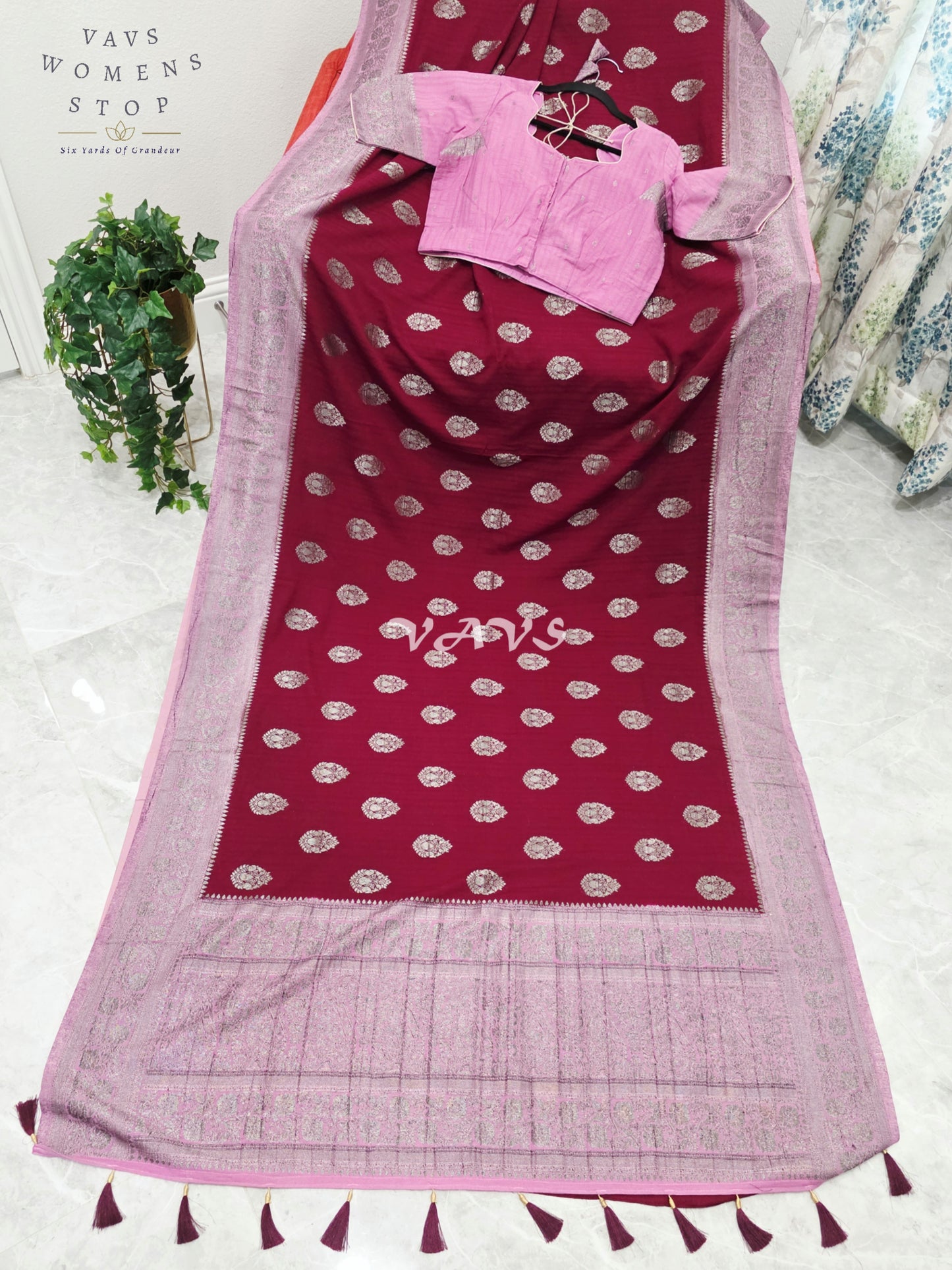 Regal Wine Burgundy Semi Tussar Georgette Saree with Silver Zari Buttas, Mauve Zari Border & Stitched Blouse Size 40-46