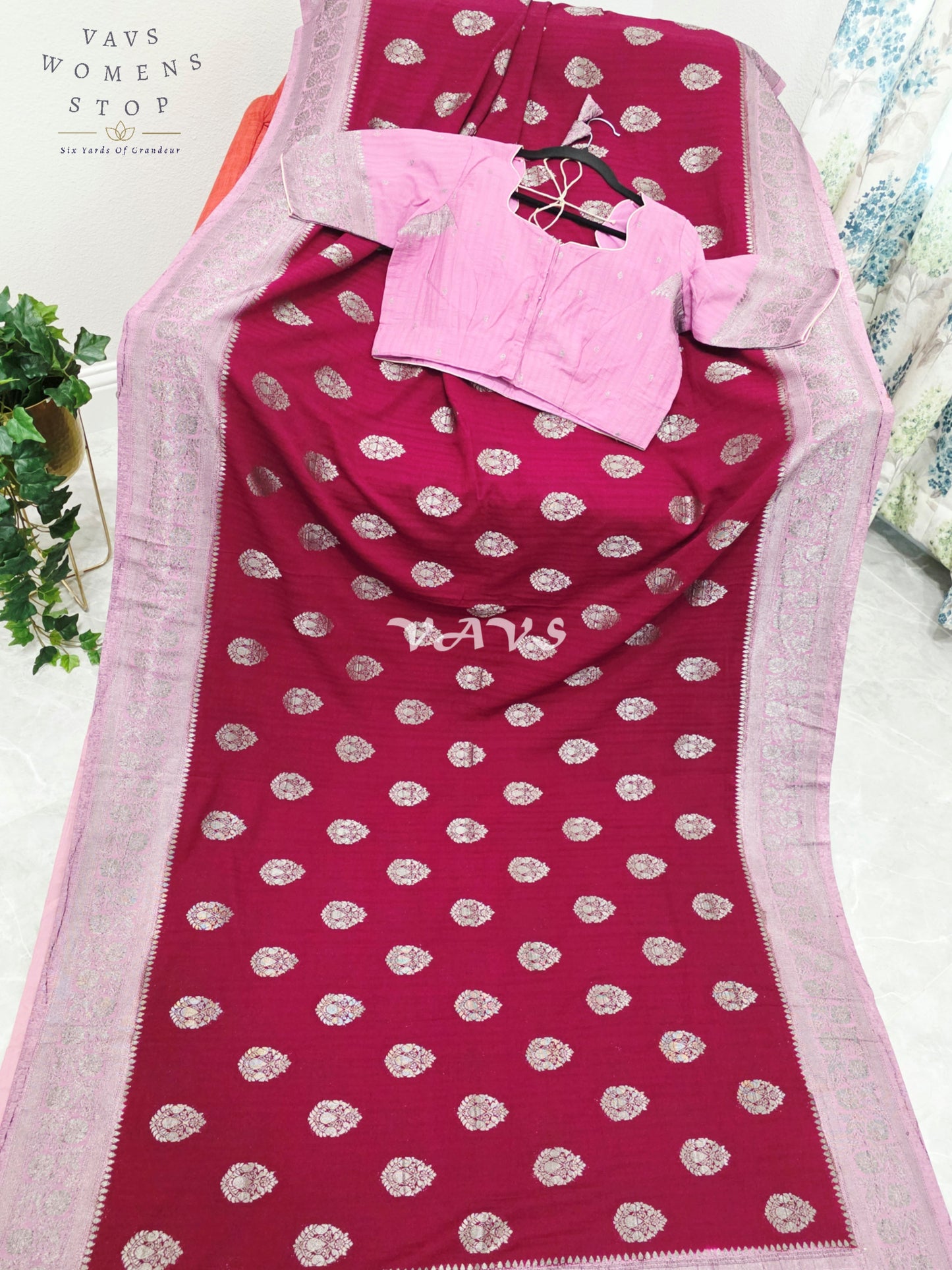 Regal Wine Burgundy Semi Tussar Georgette Saree with Silver Zari Buttas, Mauve Zari Border & Stitched Blouse Size 40-46