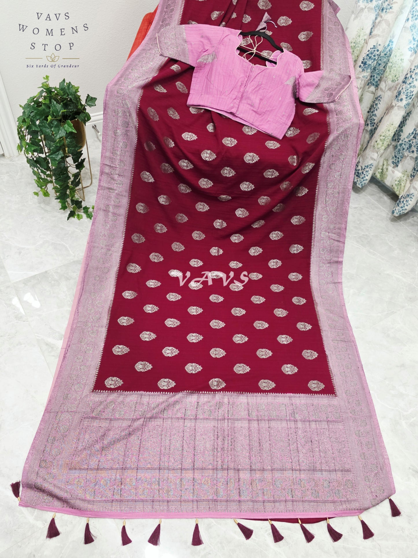 Regal Wine Burgundy Semi Tussar Georgette Saree with Silver Zari Buttas, Mauve Zari Border & Stitched Blouse Size 40-46
