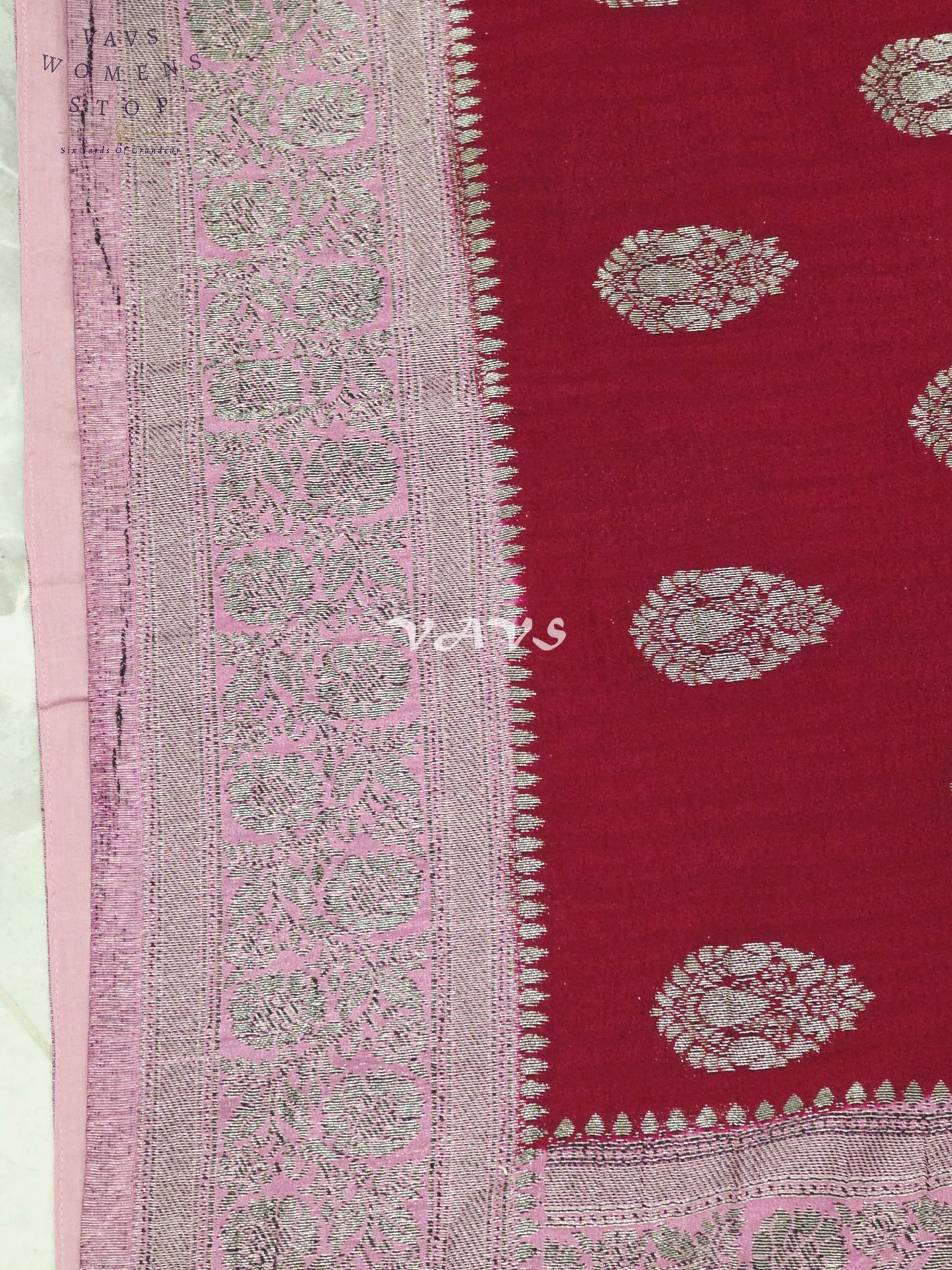 Regal Wine Burgundy Semi Tussar Georgette Saree with Silver Zari Buttas, Mauve Zari Border & Stitched Blouse Size 40-46