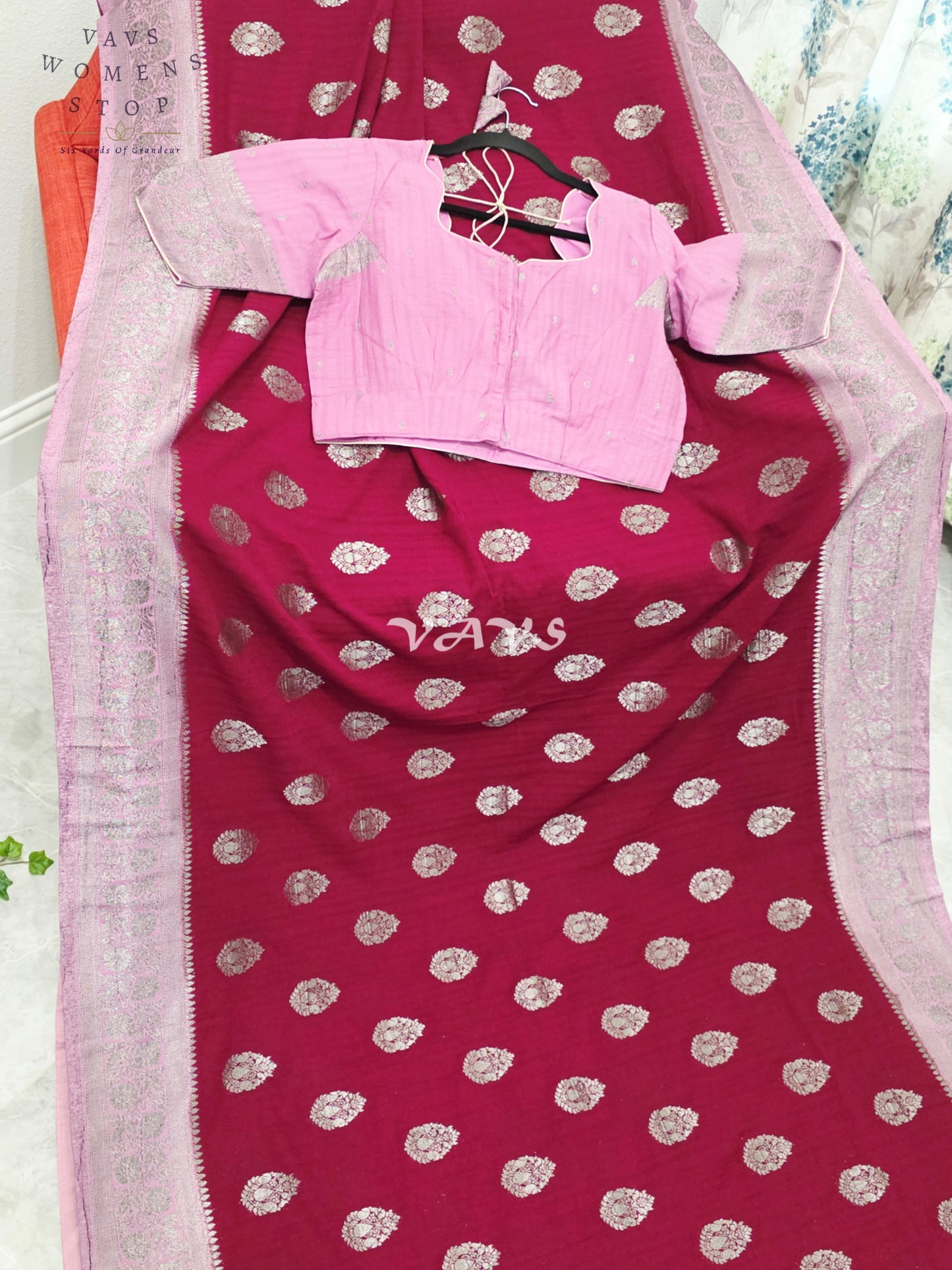 Regal Wine Burgundy Semi Tussar Georgette Saree with Silver Zari Buttas, Mauve Zari Border & Stitched Blouse Size 40-46