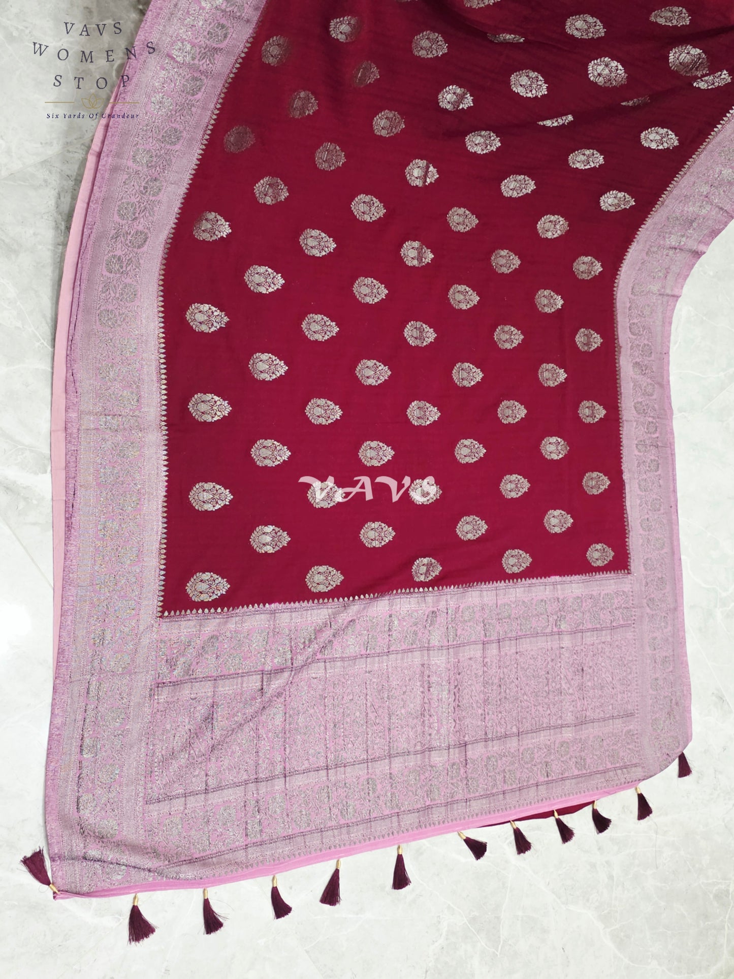 Regal Wine Burgundy Semi Tussar Georgette Saree with Silver Zari Buttas, Mauve Zari Border & Stitched Blouse Size 40-46