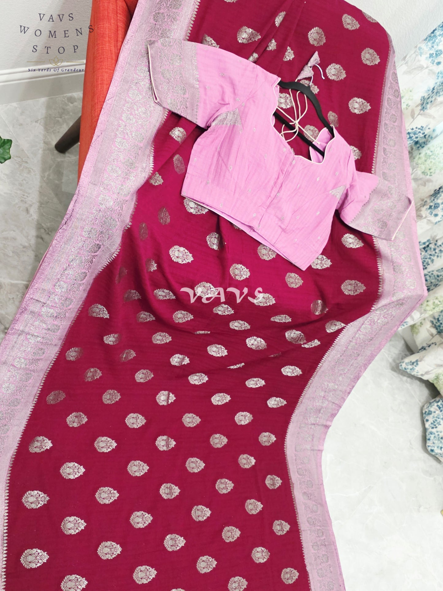 Regal Wine Burgundy Semi Tussar Georgette Saree with Silver Zari Buttas, Mauve Zari Border & Stitched Blouse Size 40-46