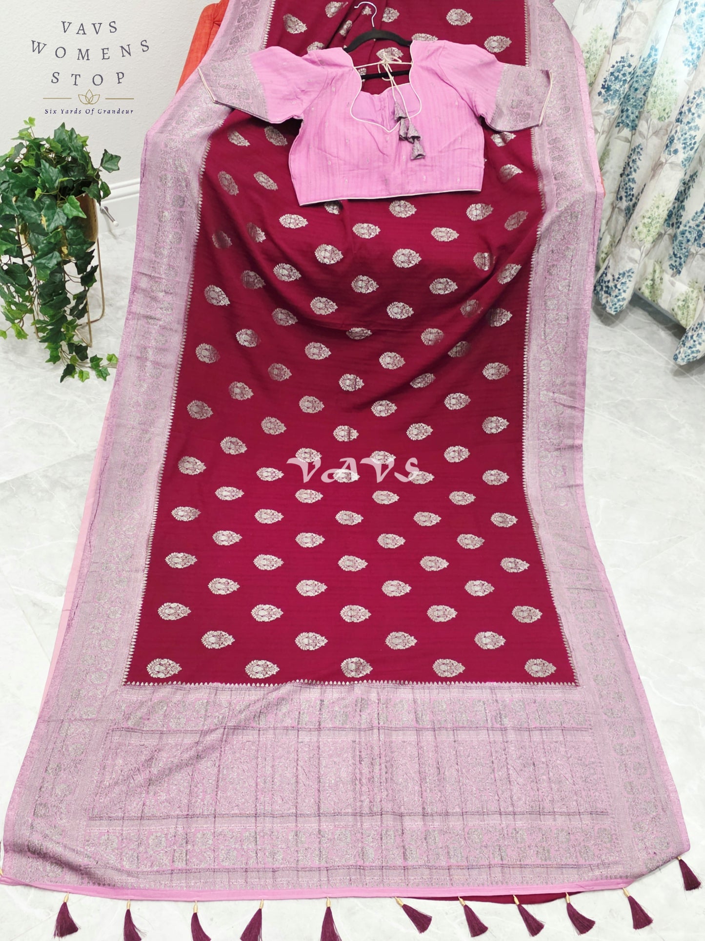 Regal Wine Burgundy Semi Tussar Georgette Saree with Silver Zari Buttas, Mauve Zari Border & Stitched Blouse Size 40-46