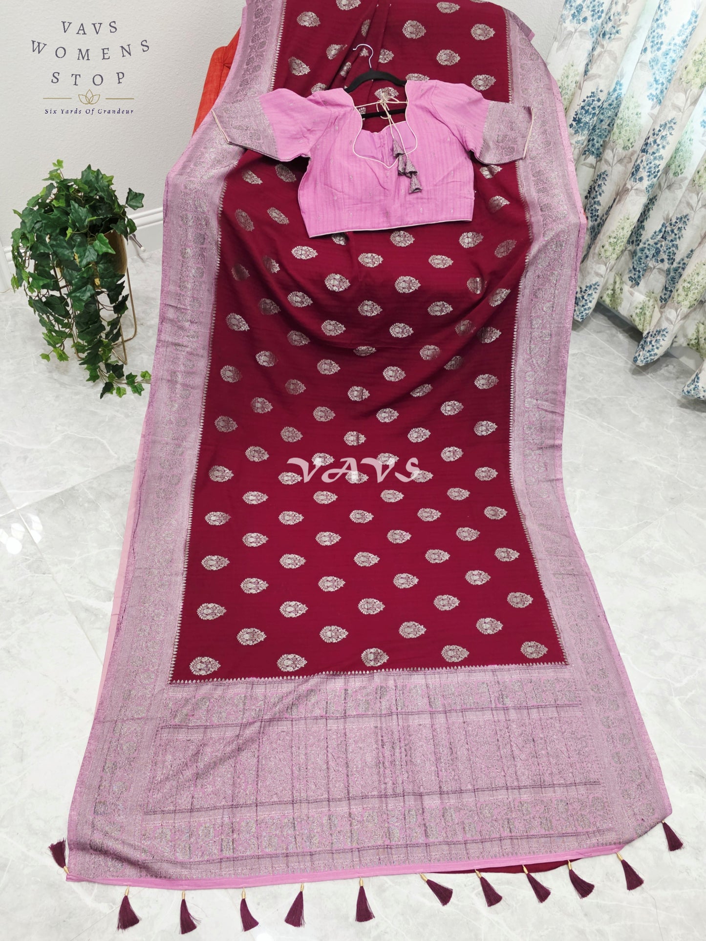 Regal Wine Burgundy Semi Tussar Georgette Saree with Silver Zari Buttas, Mauve Zari Border & Stitched Blouse Size 40-46