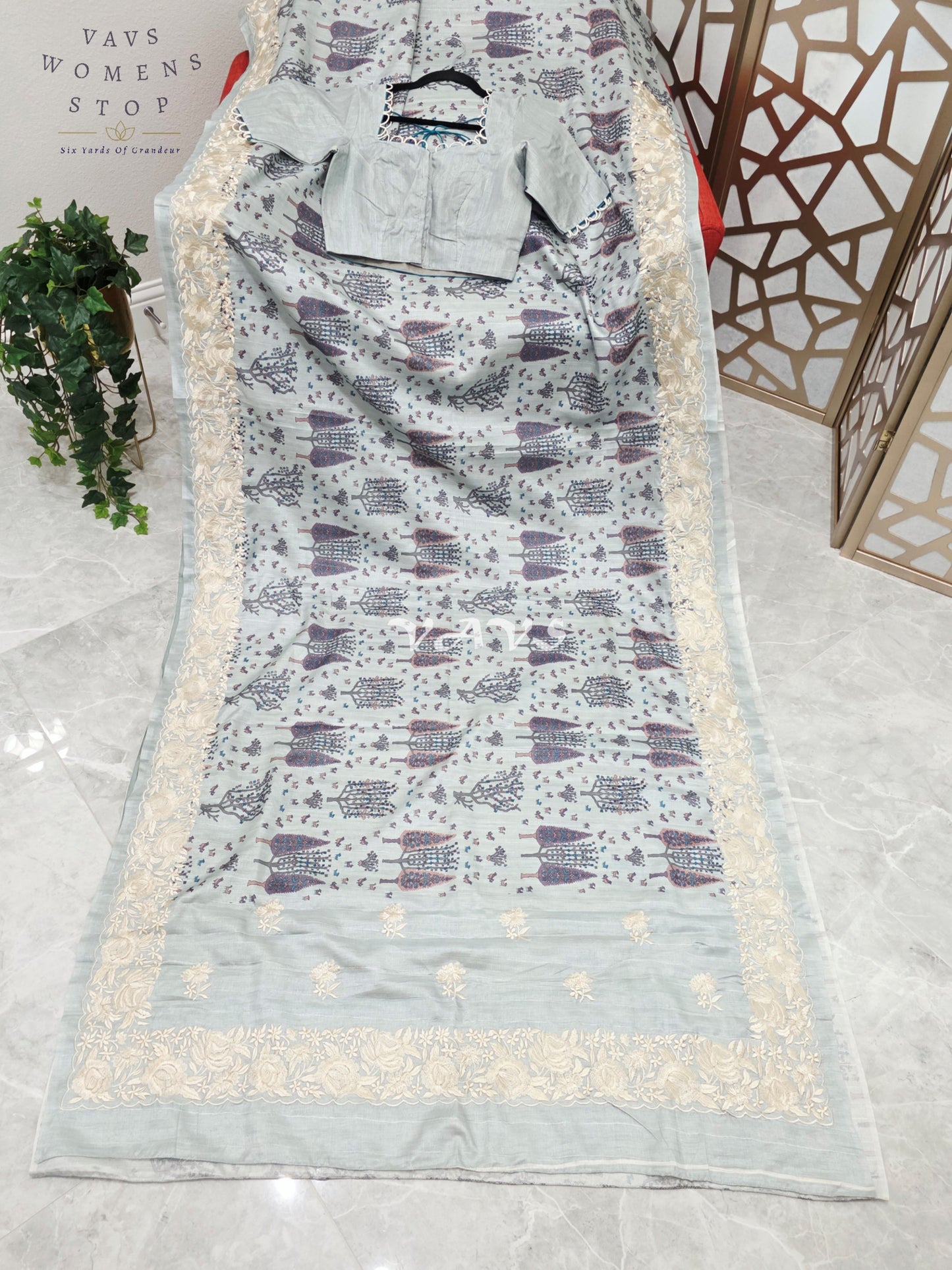 Pearl Mist Blue Soft Matka Tussar Silk Warli Print Saree with Parsi Gara Embroidery Border & Stitched Blouse Size 34-40