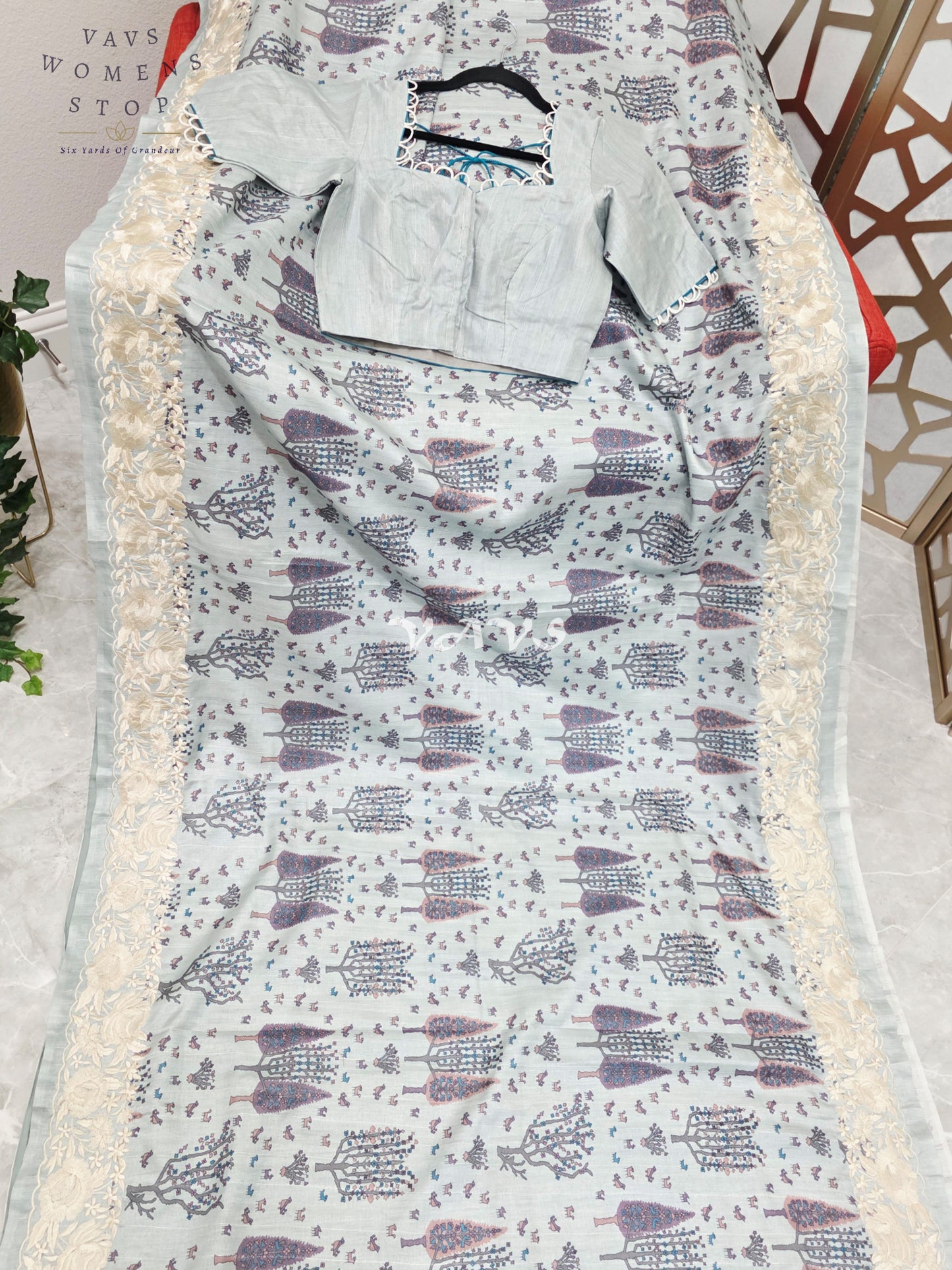 Pearl Mist Blue Soft Matka Tussar Silk Warli Print Saree with Parsi Gara Embroidery Border & Stitched Blouse Size 34-40