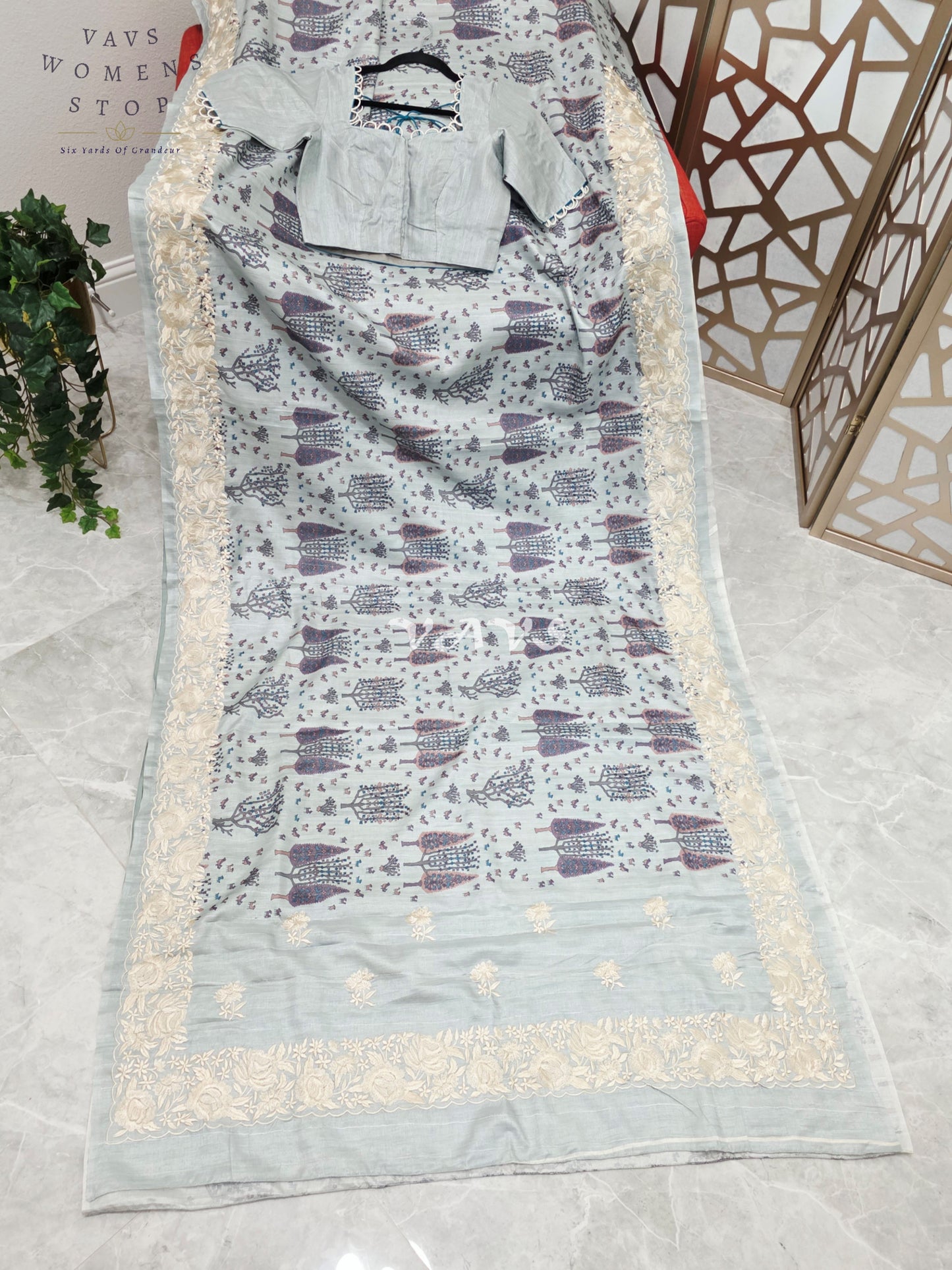 Pearl Mist Blue Soft Matka Tussar Silk Warli Print Saree with Parsi Gara Embroidery Border & Stitched Blouse Size 34-40