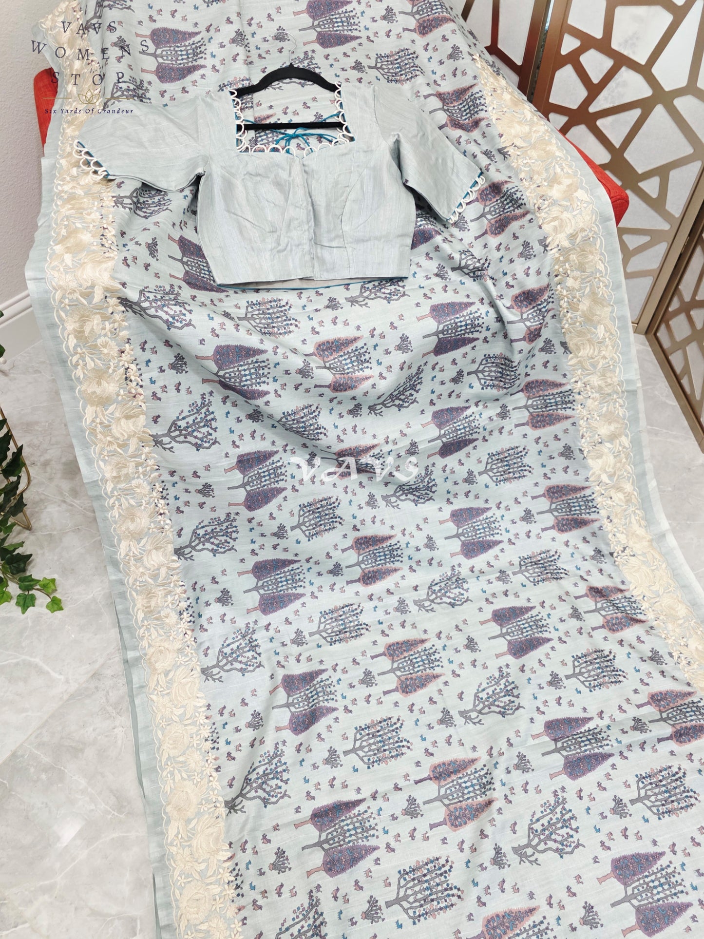 Pearl Mist Blue Soft Matka Tussar Silk Warli Print Saree with Parsi Gara Embroidery Border & Stitched Blouse Size 34-40