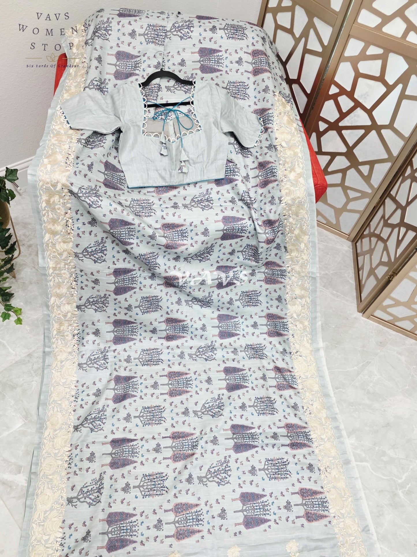 Pearl Mist Blue Soft Matka Tussar Silk Warli Print Saree with Parsi Gara Embroidery Border & Stitched Blouse Size 34-40