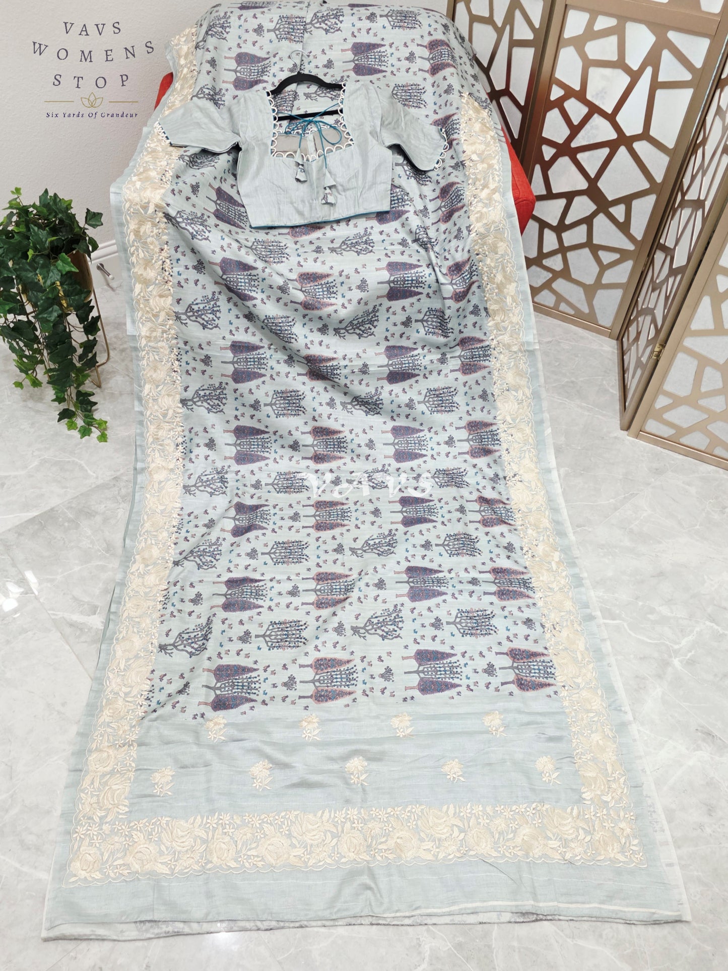 Pearl Mist Blue Soft Matka Tussar Silk Warli Print Saree with Parsi Gara Embroidery Border & Stitched Blouse Size 34-40