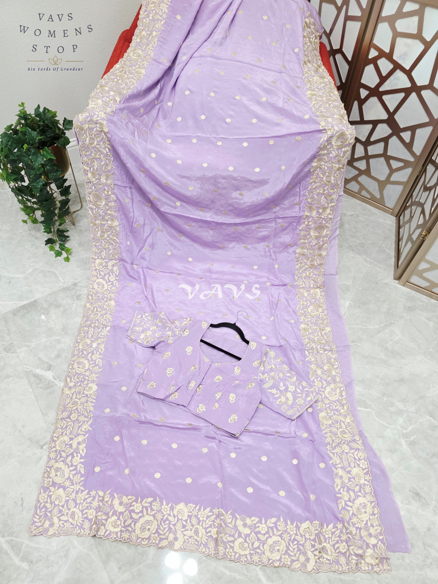 Dreamy Lavender Pure Crepe Saree with Ivory Parsi Gara Machine Embroidery & Stitched Blouse Size 38-44
