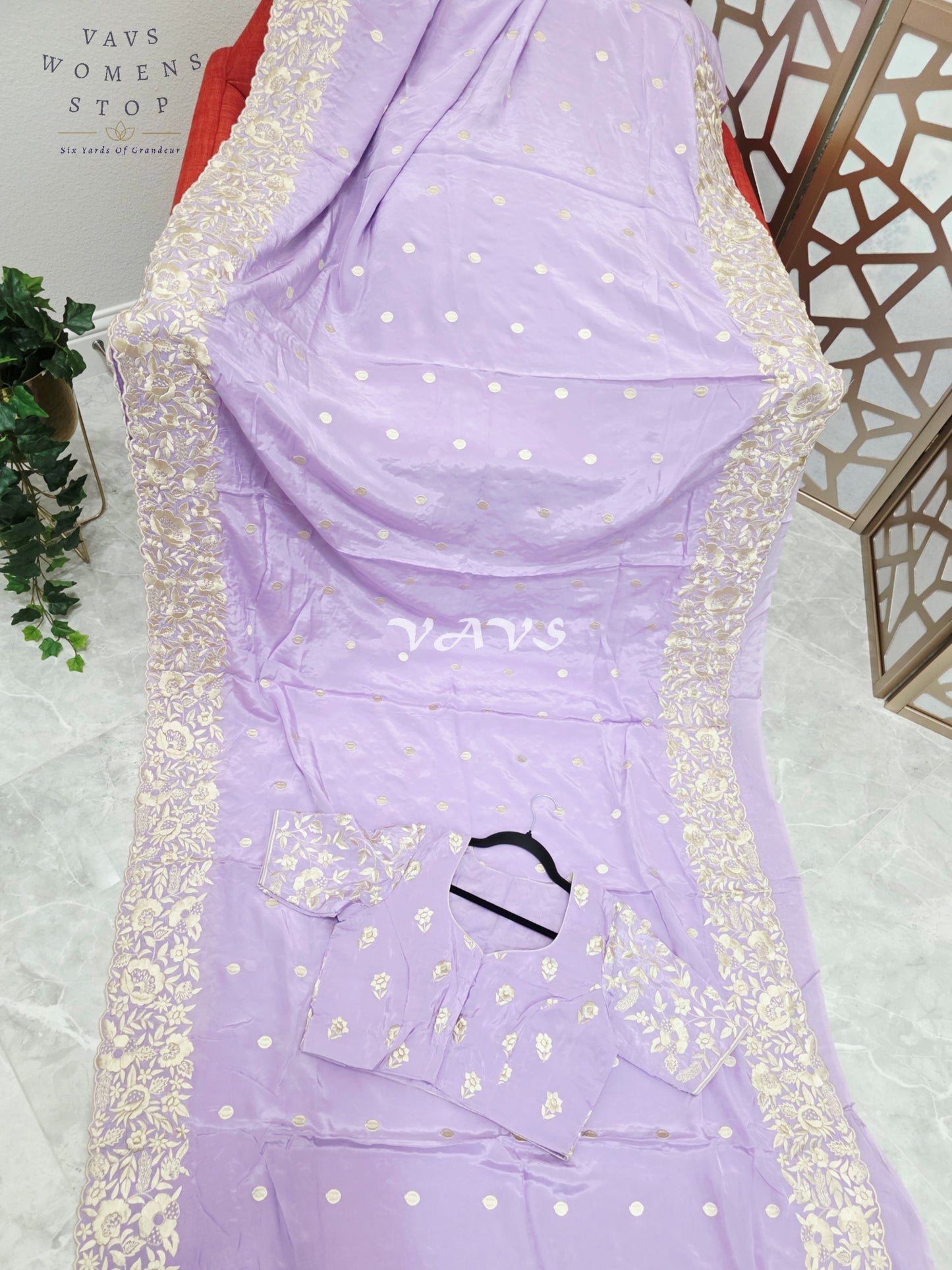 Dreamy Lavender Pure Crepe Saree with Ivory Parsi Gara Machine Embroidery & Stitched Blouse Size 38-44