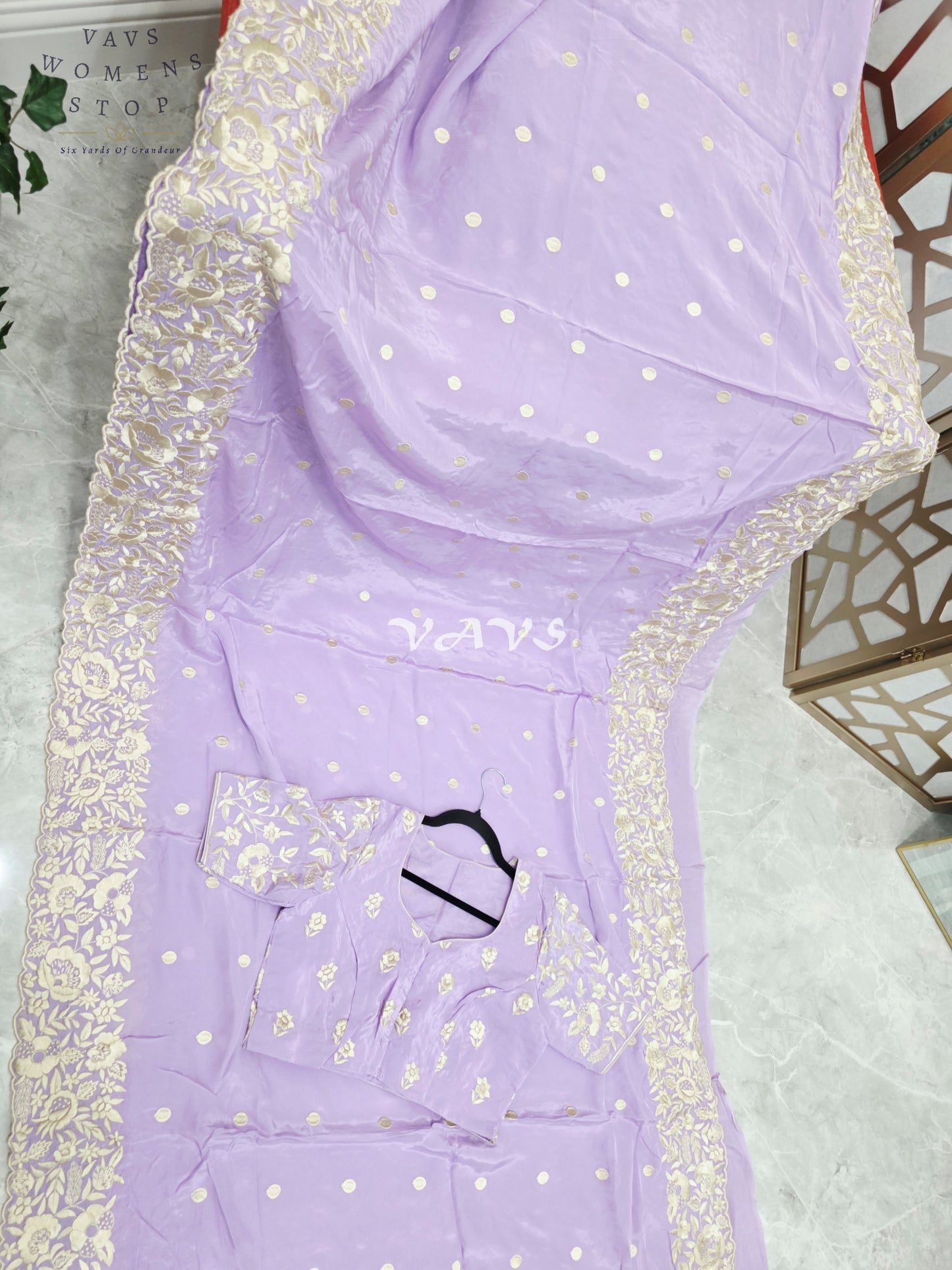 Dreamy Lavender Pure Crepe Saree with Ivory Parsi Gara Machine Embroidery & Stitched Blouse Size 38-44