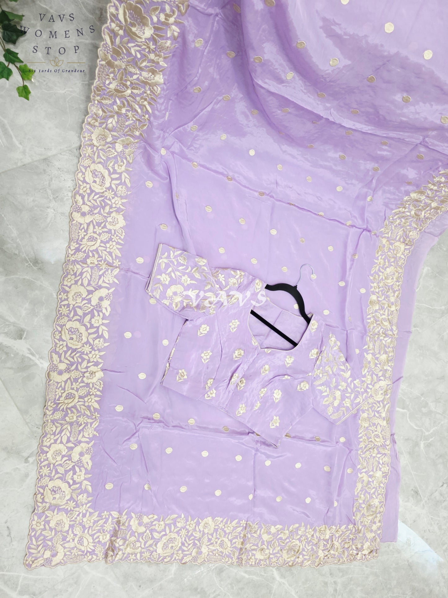 Dreamy Lavender Pure Crepe Saree with Ivory Parsi Gara Machine Embroidery & Stitched Blouse Size 38-44