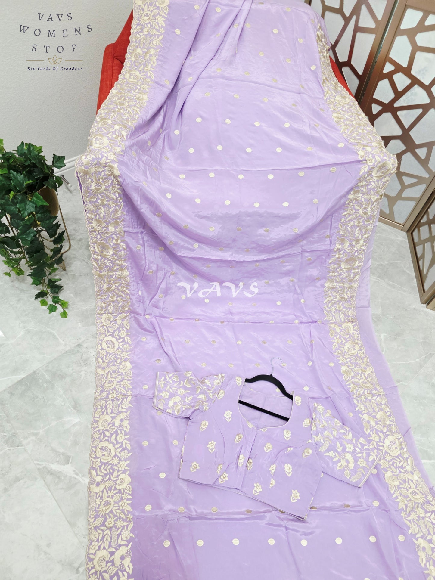 Dreamy Lavender Pure Crepe Saree with Ivory Parsi Gara Machine Embroidery & Stitched Blouse Size 38-44