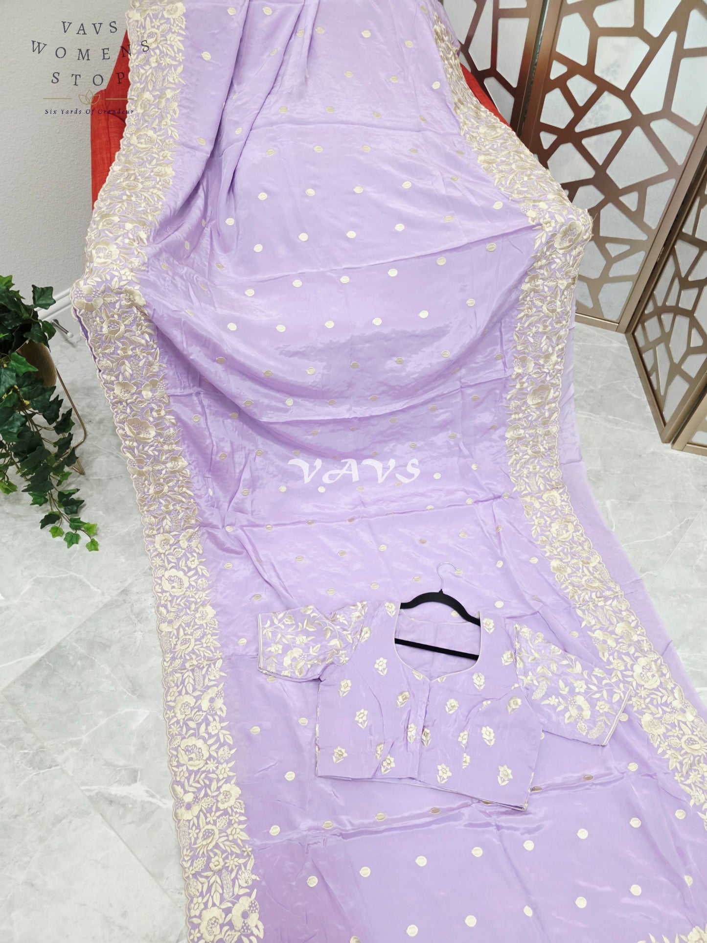 Dreamy Lavender Pure Crepe Saree with Ivory Parsi Gara Machine Embroidery & Stitched Blouse Size 38-44