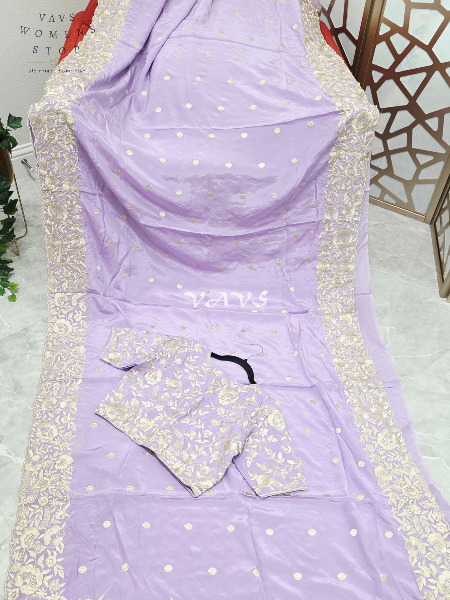 Dreamy Lavender Pure Crepe Saree with Ivory Parsi Gara Machine Embroidery & Stitched Blouse Size 38-44