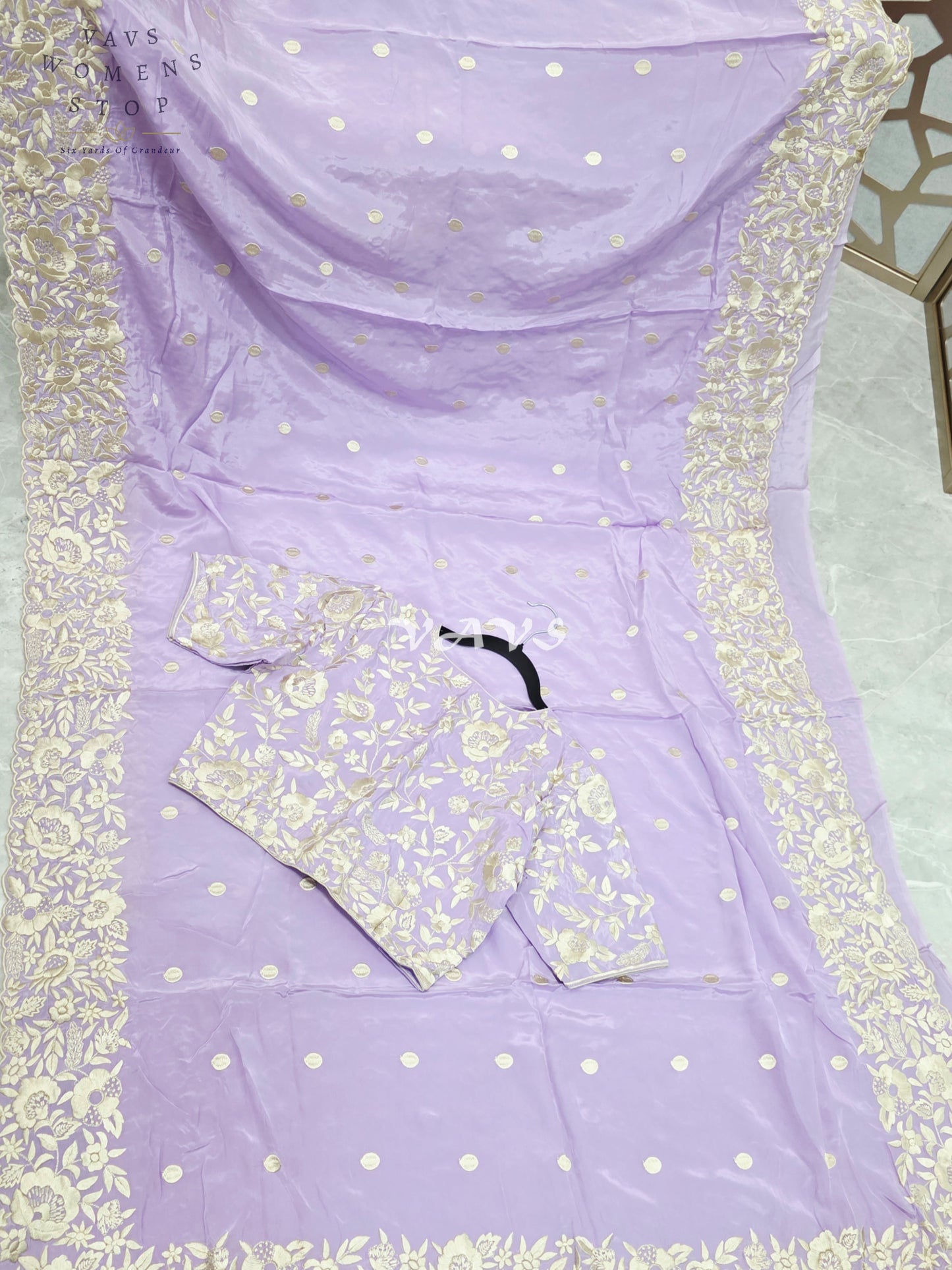 Dreamy Lavender Pure Crepe Saree with Ivory Parsi Gara Machine Embroidery & Stitched Blouse Size 38-44
