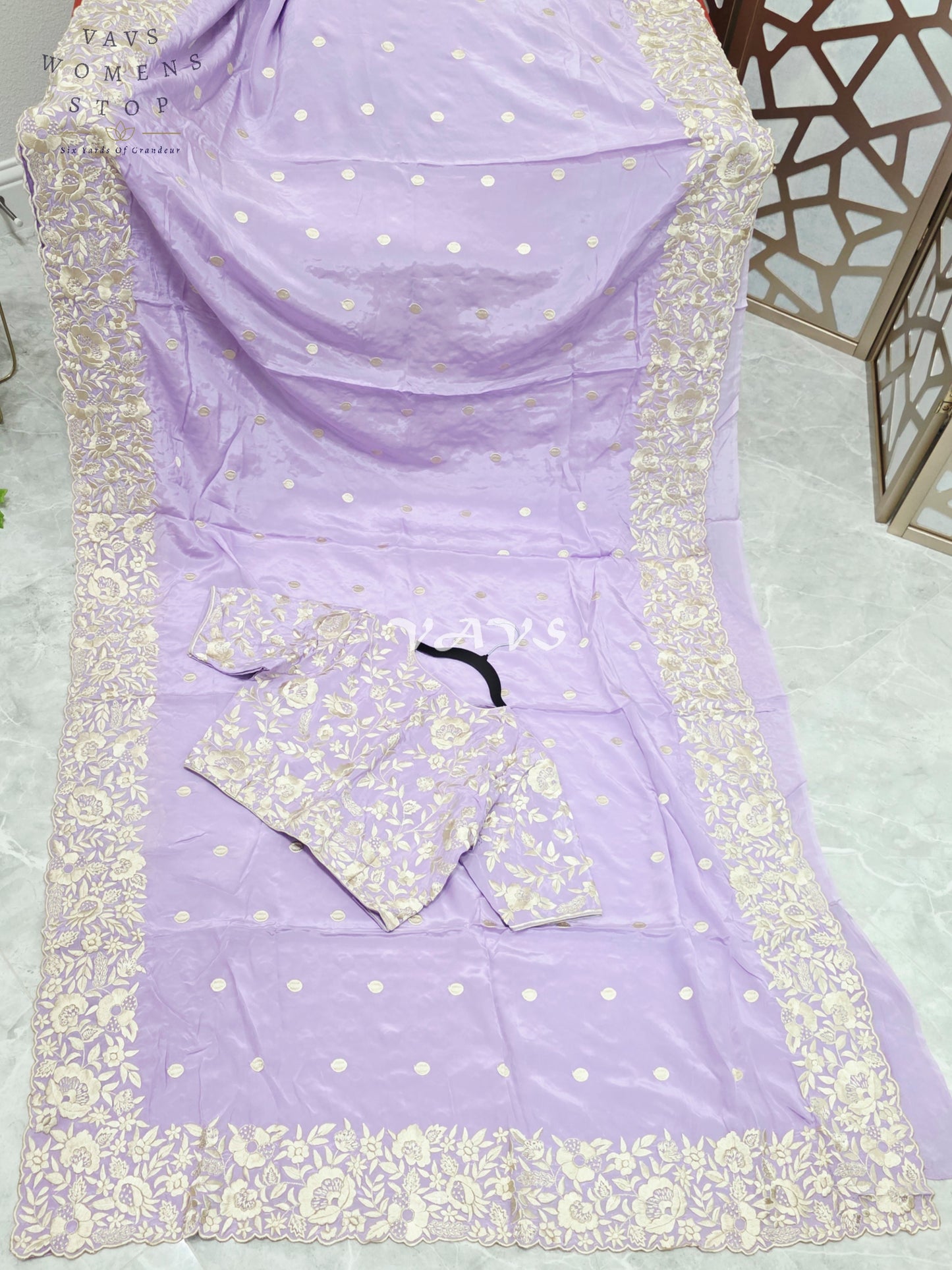 Dreamy Lavender Pure Crepe Saree with Ivory Parsi Gara Machine Embroidery & Stitched Blouse Size 38-44