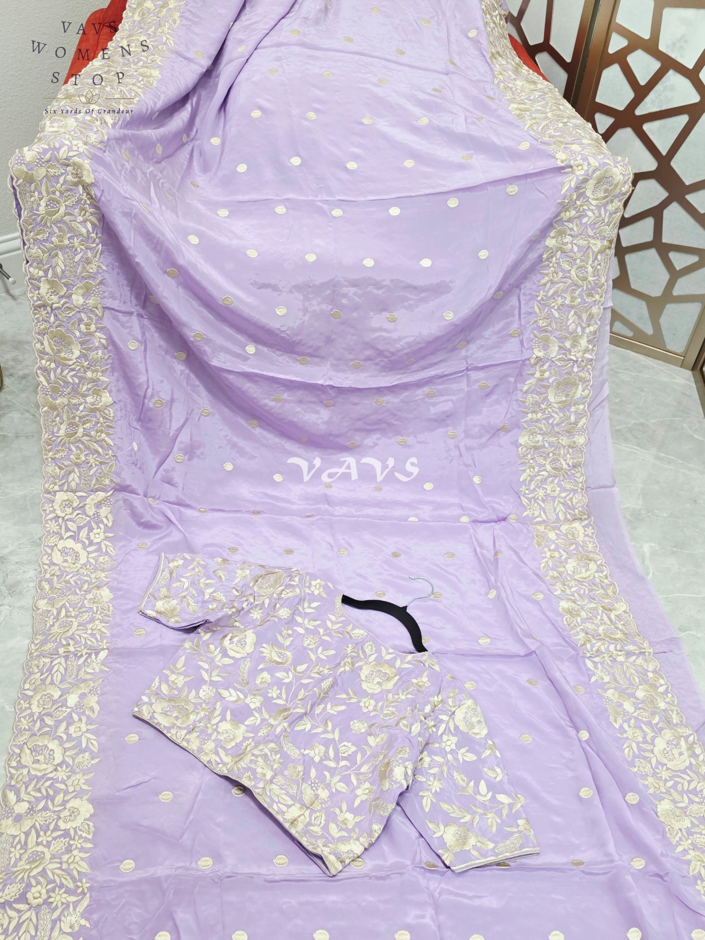Dreamy Lavender Pure Crepe Saree with Ivory Parsi Gara Machine Embroidery & Stitched Blouse Size 38-44