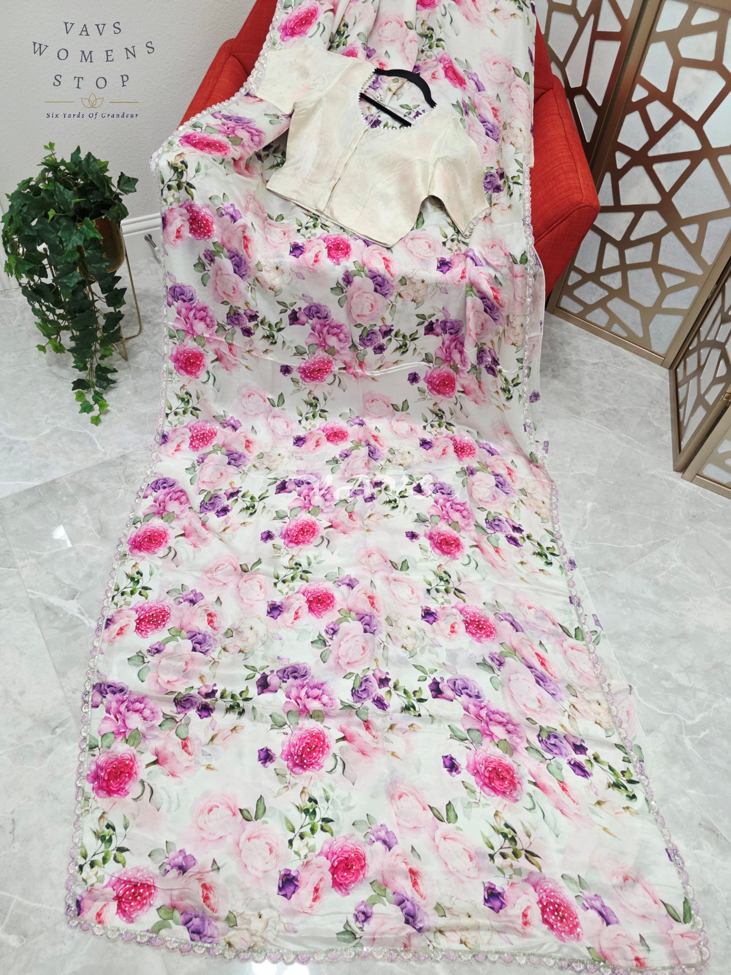 Pearl Ivory Floral Pure Crepe Silk Saree with Sequin Scallop Border & Stitched Blouse Size 36-42