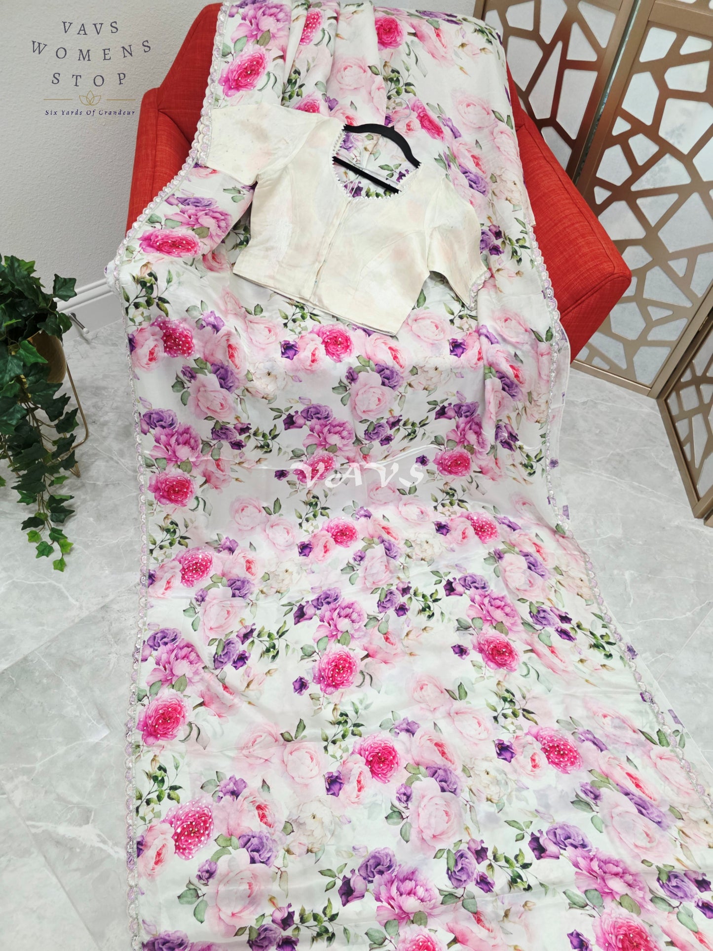 Pearl Ivory Floral Pure Crepe Silk Saree with Sequin Scallop Border & Stitched Blouse Size 36-42