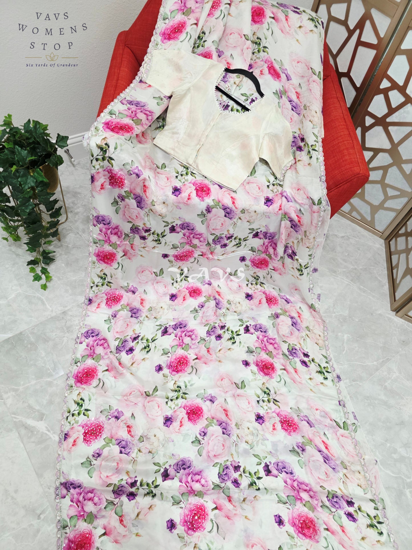 Pearl Ivory Floral Pure Crepe Silk Saree with Sequin Scallop Border & Stitched Blouse Size 36-42