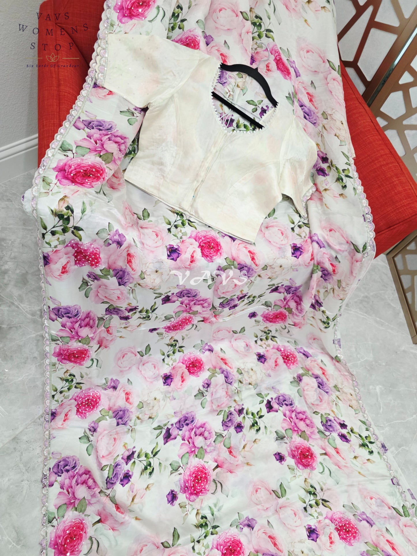 Pearl Ivory Floral Pure Crepe Silk Saree with Sequin Scallop Border & Stitched Blouse Size 36-42