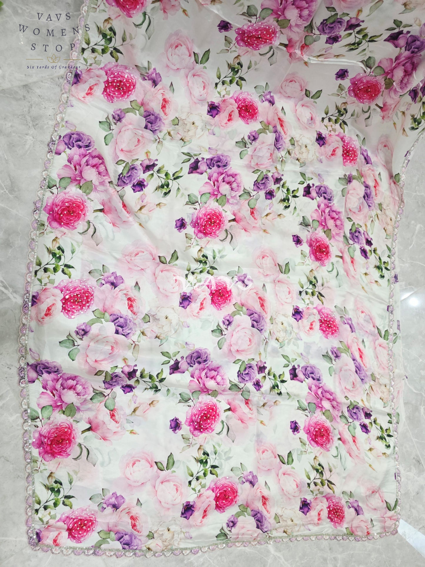 Pearl Ivory Floral Pure Crepe Silk Saree with Sequin Scallop Border & Stitched Blouse Size 36-42