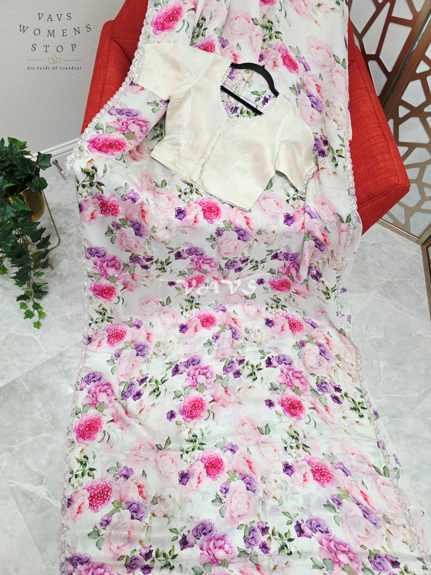 Pearl Ivory Floral Pure Crepe Silk Saree with Sequin Scallop Border & Stitched Blouse Size 36-42