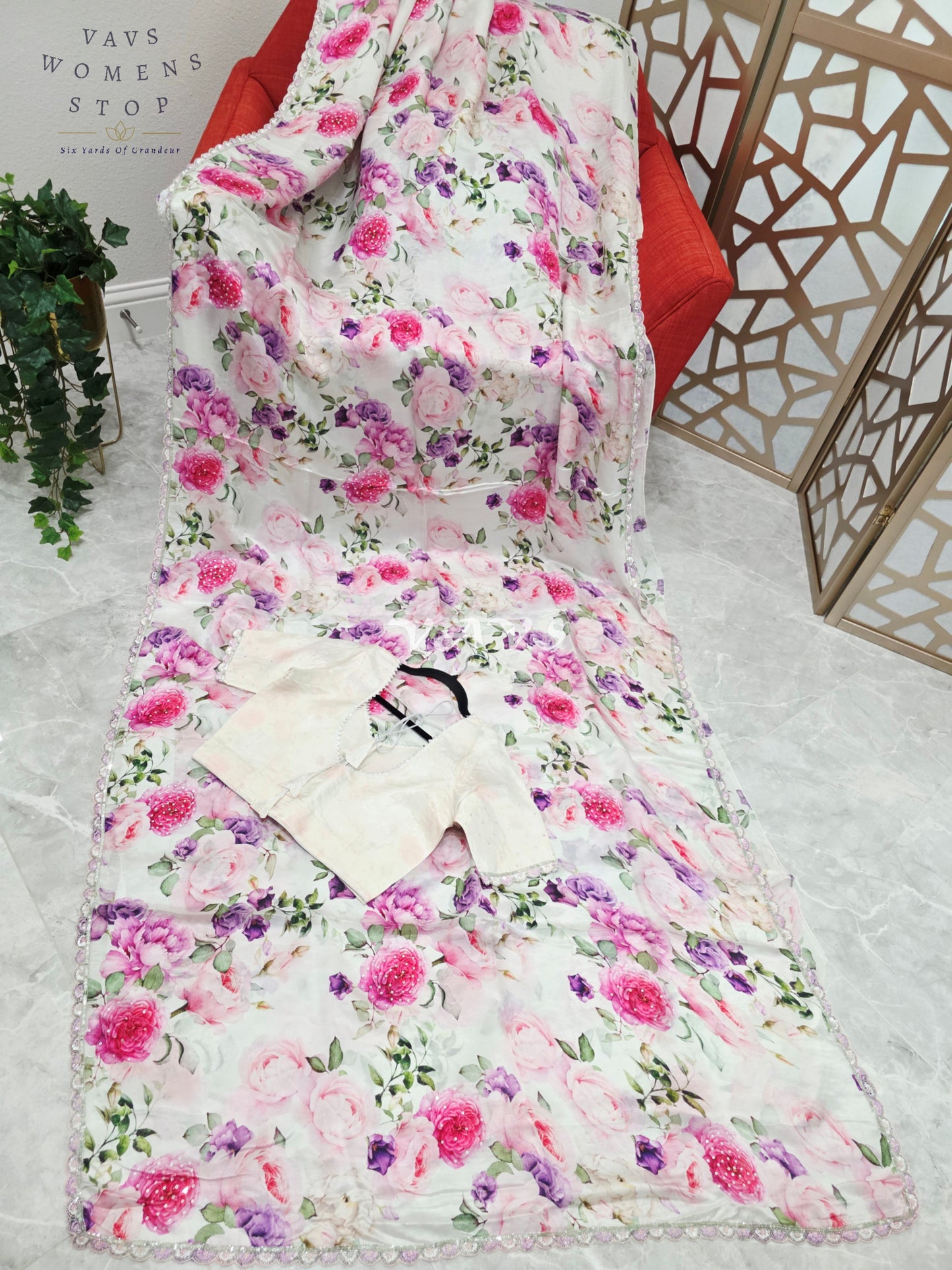 Pearl Ivory Floral Pure Crepe Silk Saree with Sequin Scallop Border & Stitched Blouse Size 36-42