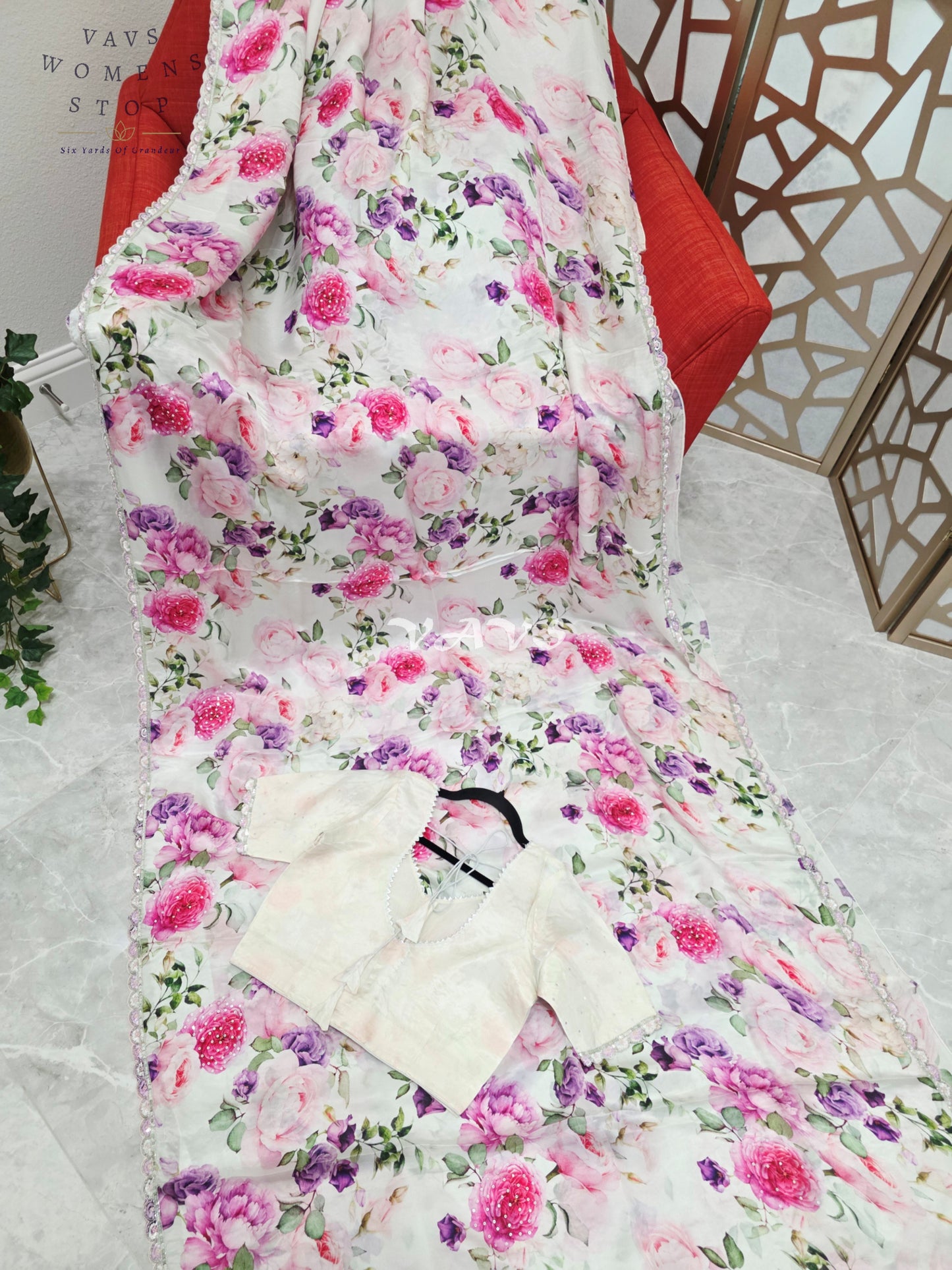 Pearl Ivory Floral Pure Crepe Silk Saree with Sequin Scallop Border & Stitched Blouse Size 36-42