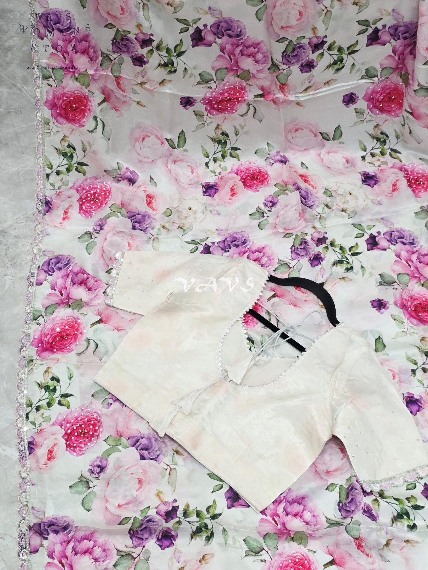 Pearl Ivory Floral Pure Crepe Silk Saree with Sequin Scallop Border & Stitched Blouse Size 36-42