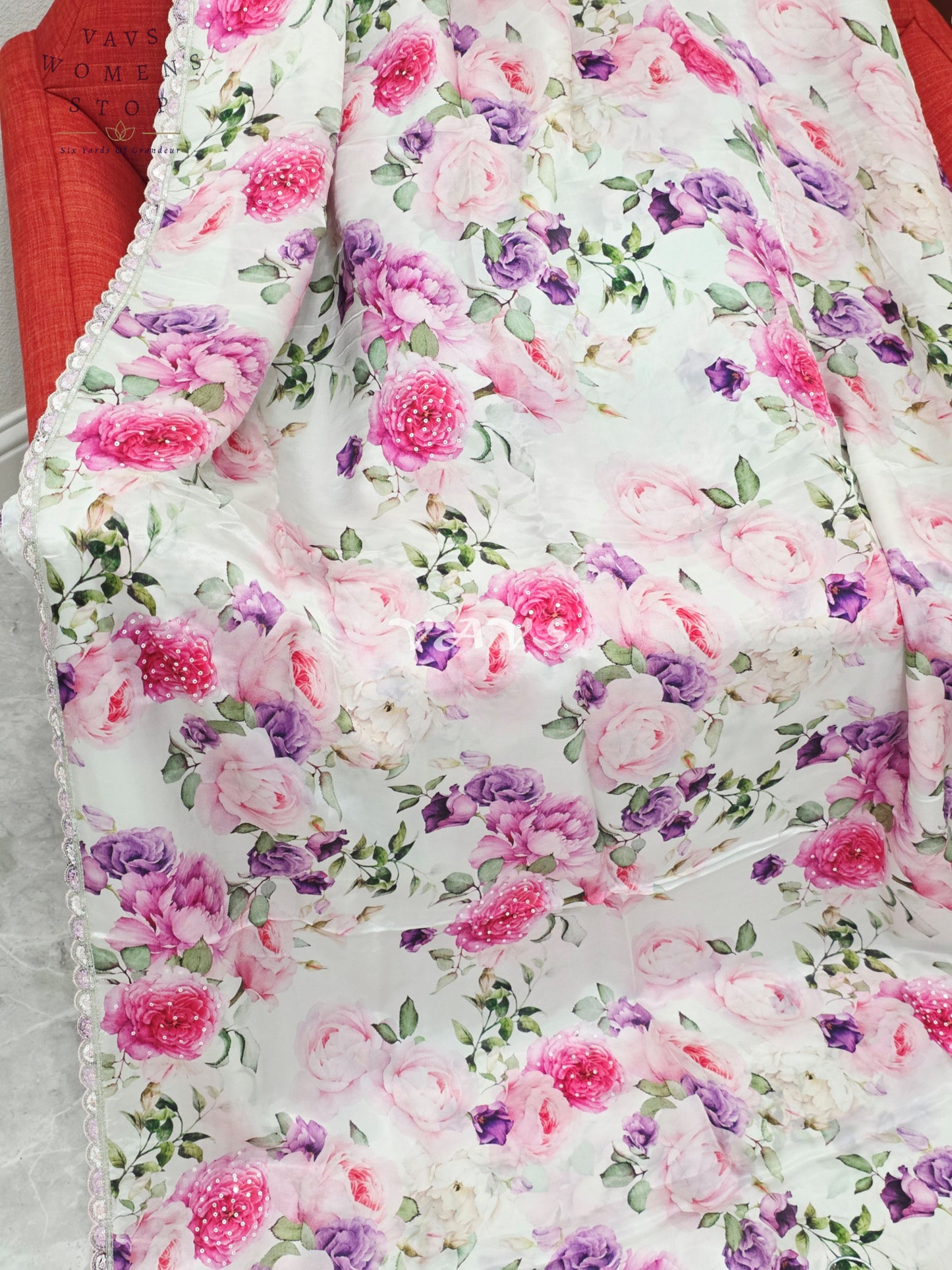 Pearl Ivory Floral Pure Crepe Silk Saree with Sequin Scallop Border & Stitched Blouse Size 36-42