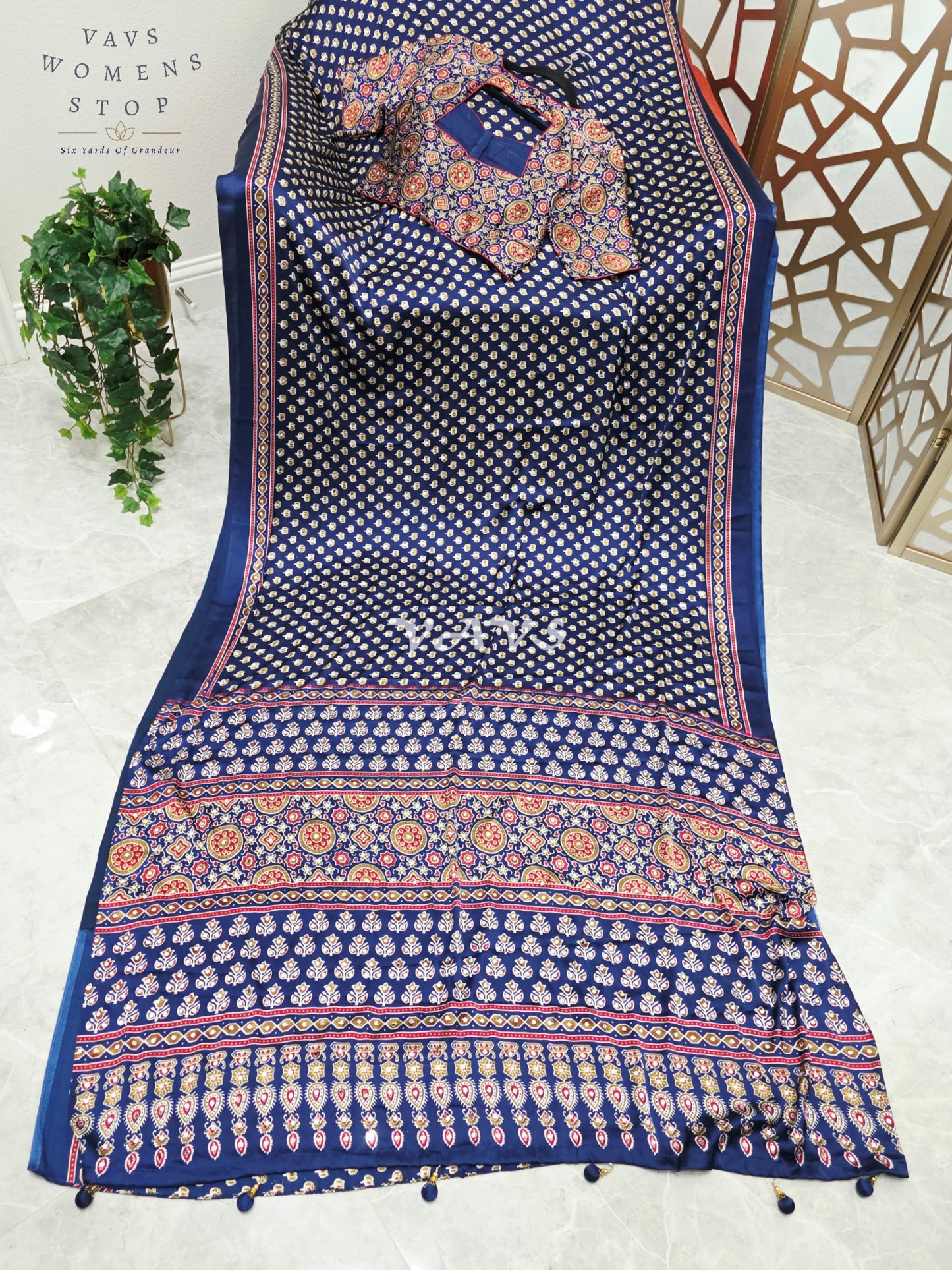 Royal Indigo Navy Ajrakh Semi Modal Silk Saree with Original Mirror Work & Stitched Blouse Size 38-44