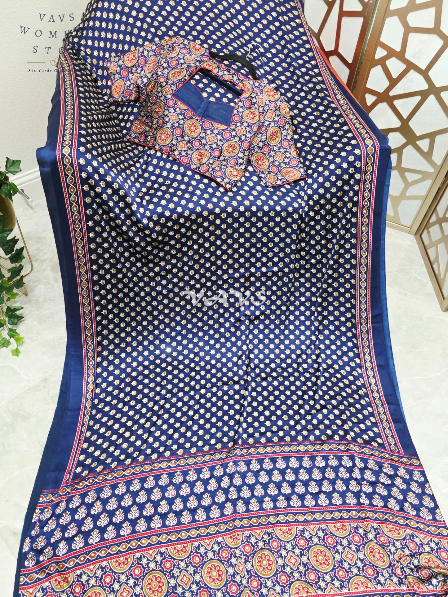 Royal Indigo Navy Ajrakh Semi Modal Silk Saree with Original Mirror Work & Stitched Blouse Size 38-44