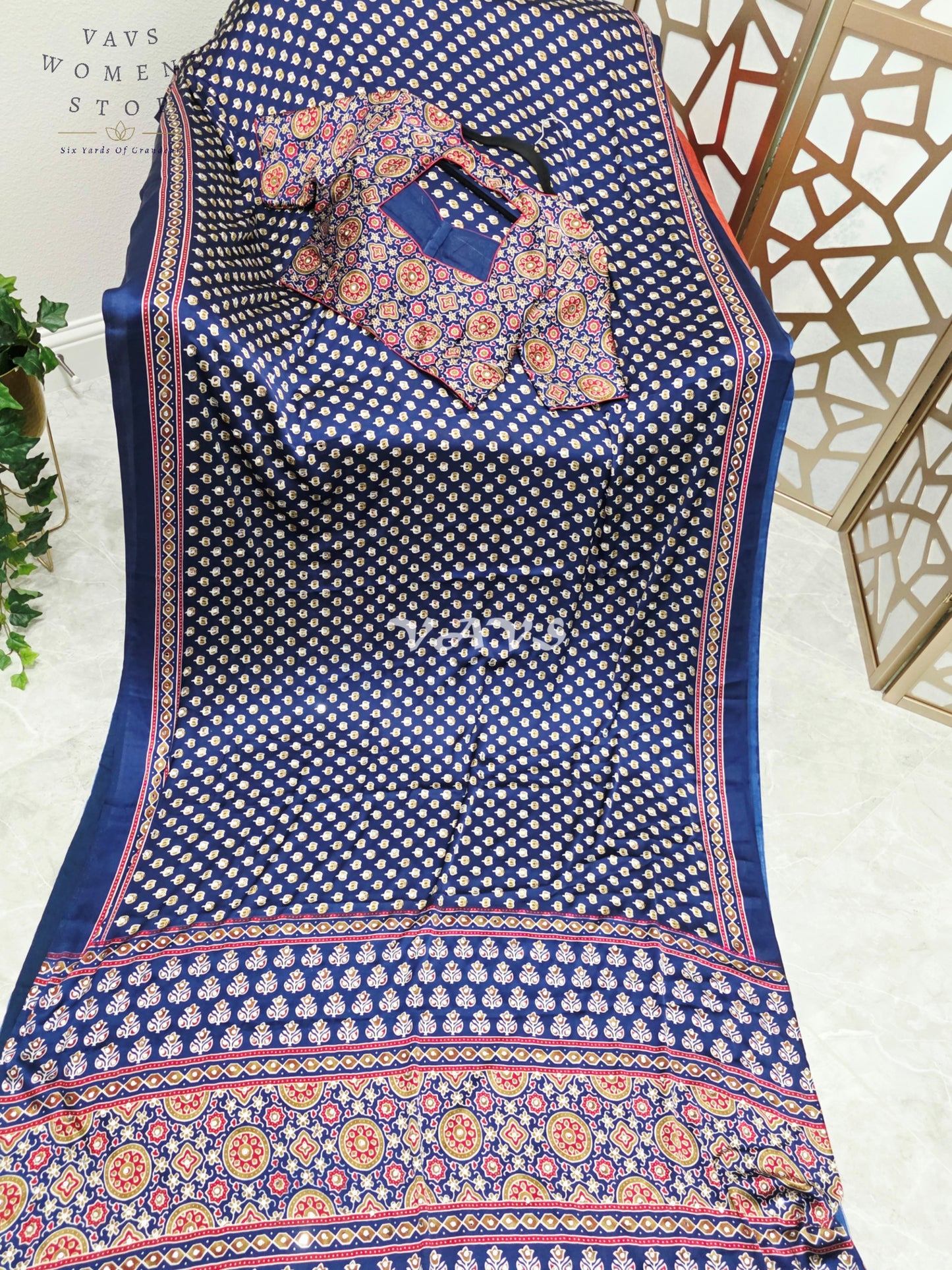 Royal Indigo Navy Ajrakh Semi Modal Silk Saree with Original Mirror Work & Stitched Blouse Size 38-44