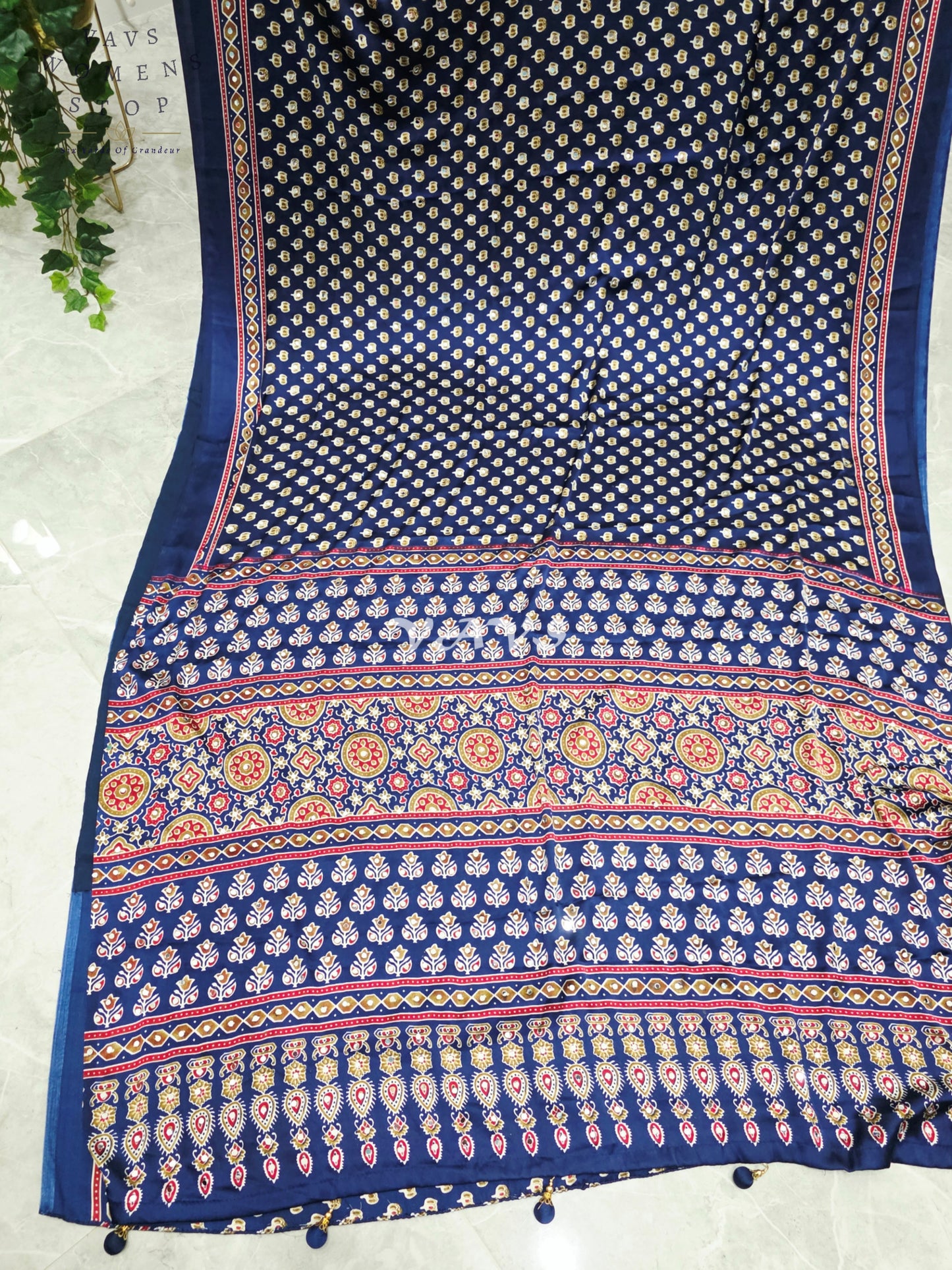 Royal Indigo Navy Ajrakh Semi Modal Silk Saree with Original Mirror Work & Stitched Blouse Size 38-44