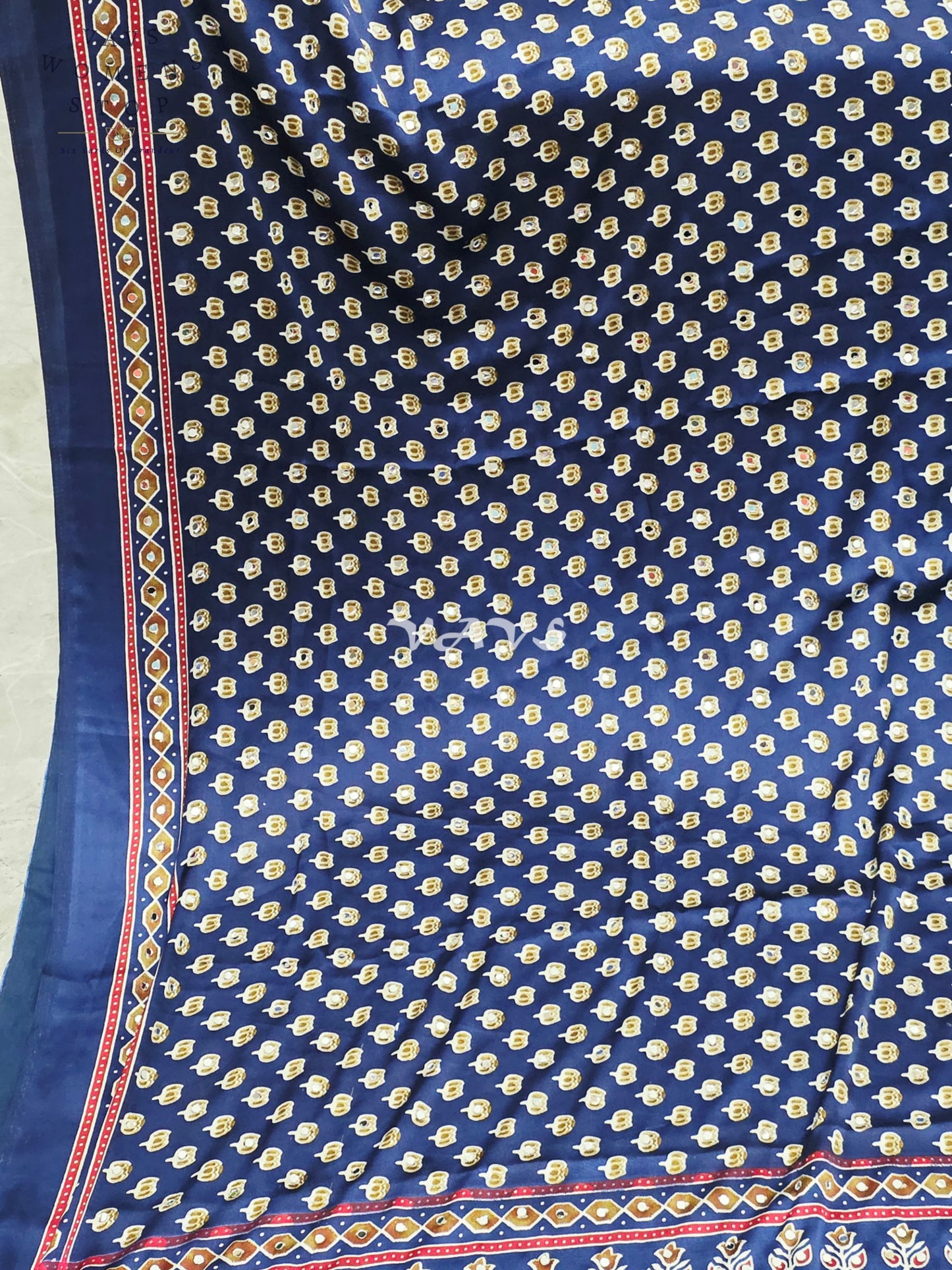 Royal Indigo Navy Ajrakh Semi Modal Silk Saree with Original Mirror Work & Stitched Blouse Size 38-44