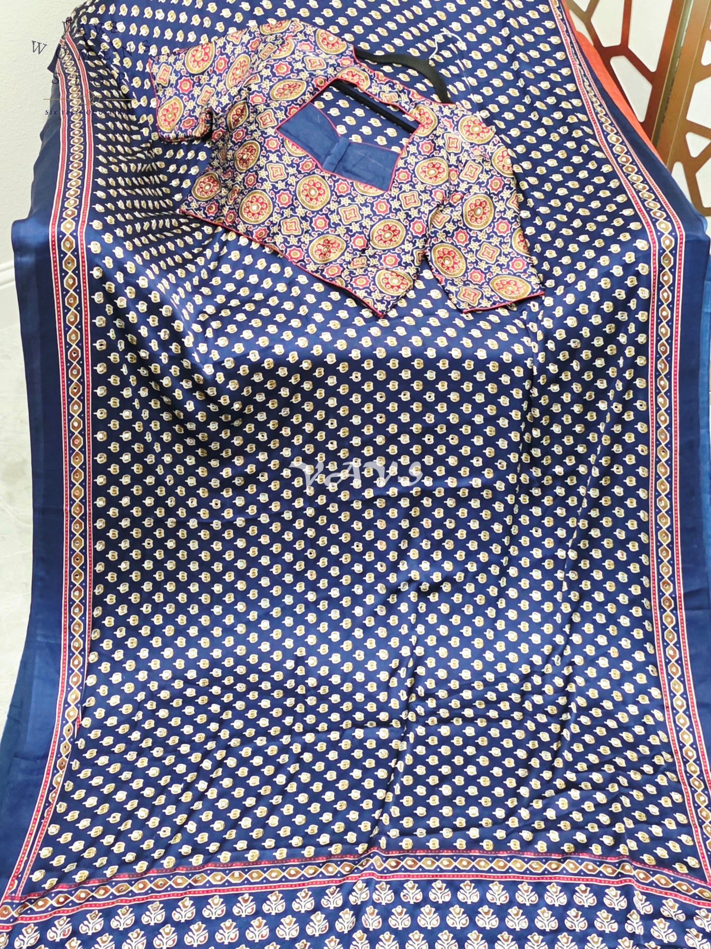 Royal Indigo Navy Ajrakh Semi Modal Silk Saree with Original Mirror Work & Stitched Blouse Size 38-44