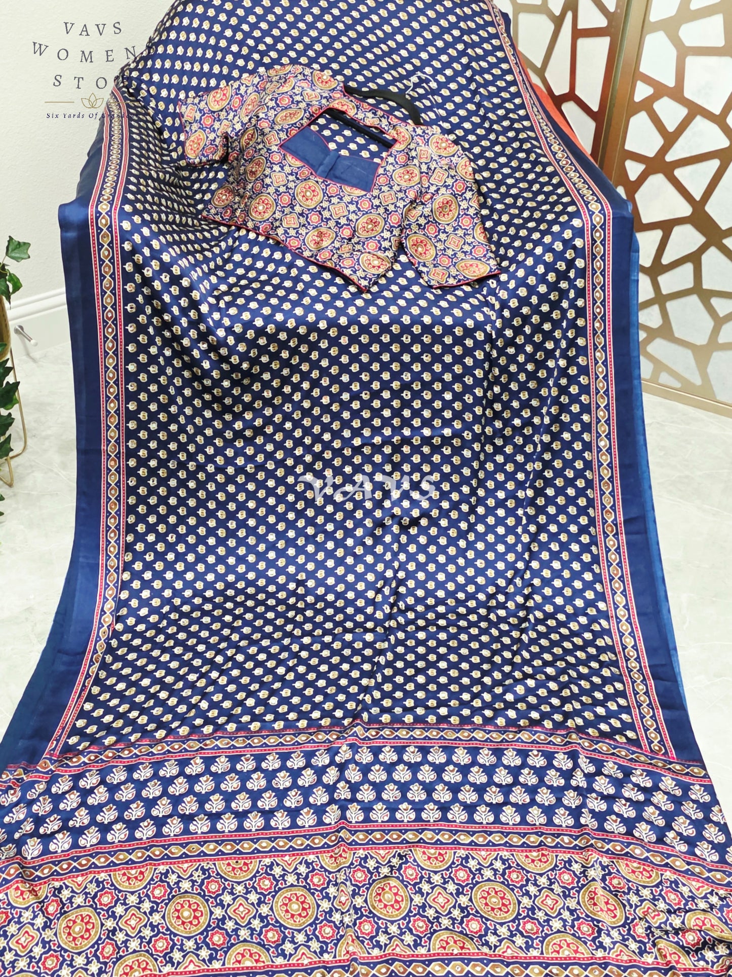 Royal Indigo Navy Ajrakh Semi Modal Silk Saree with Original Mirror Work & Stitched Blouse Size 38-44